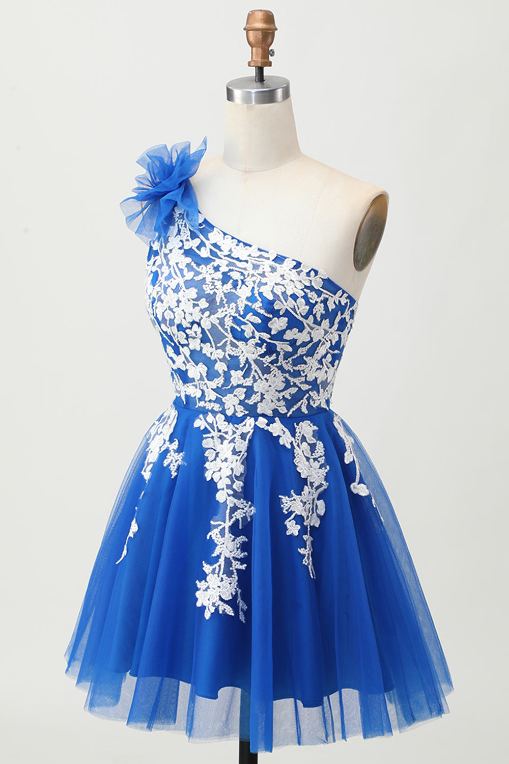Royal Blue One Shoulder A Line Short Tulle Homecoming Dress with 3D Flowers