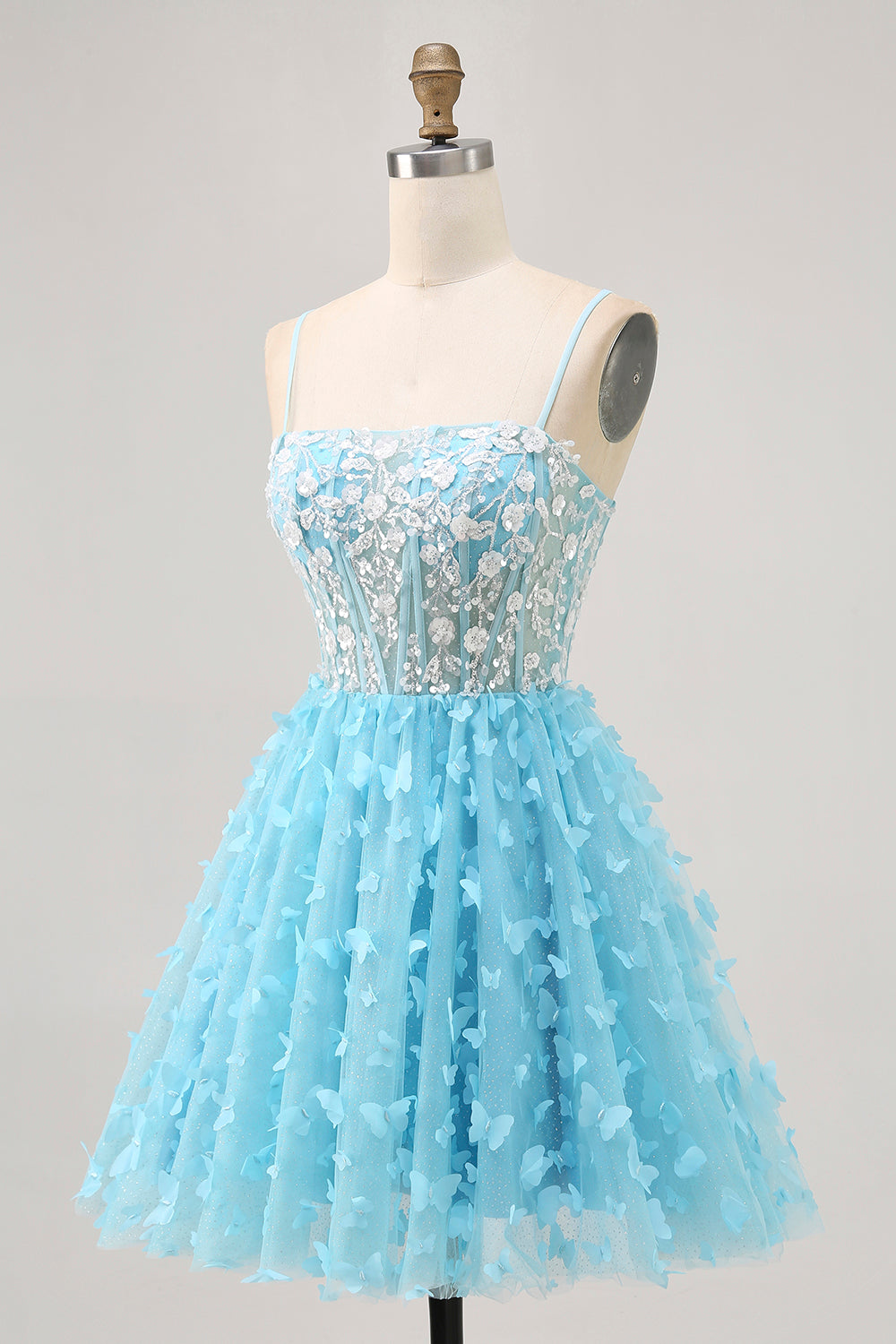 Sparkly Blue Floral A Line Short Corset Homecoming Dress with Ruffles