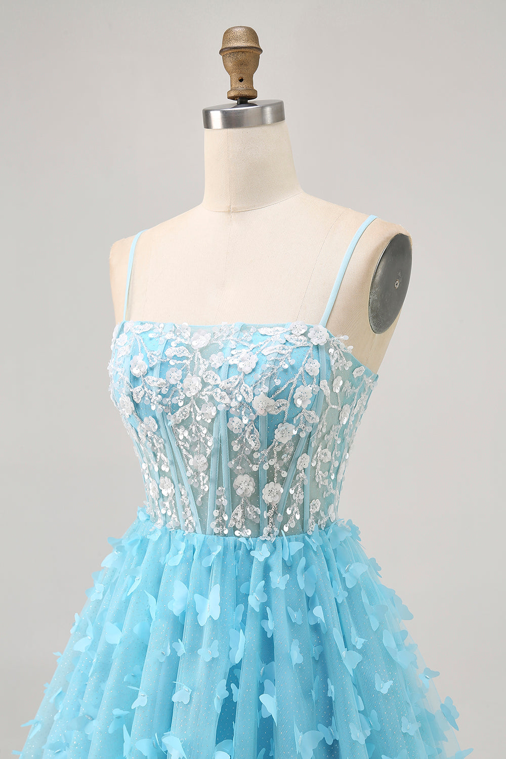 Sparkly Blue Floral A Line Short Corset Homecoming Dress with Ruffles