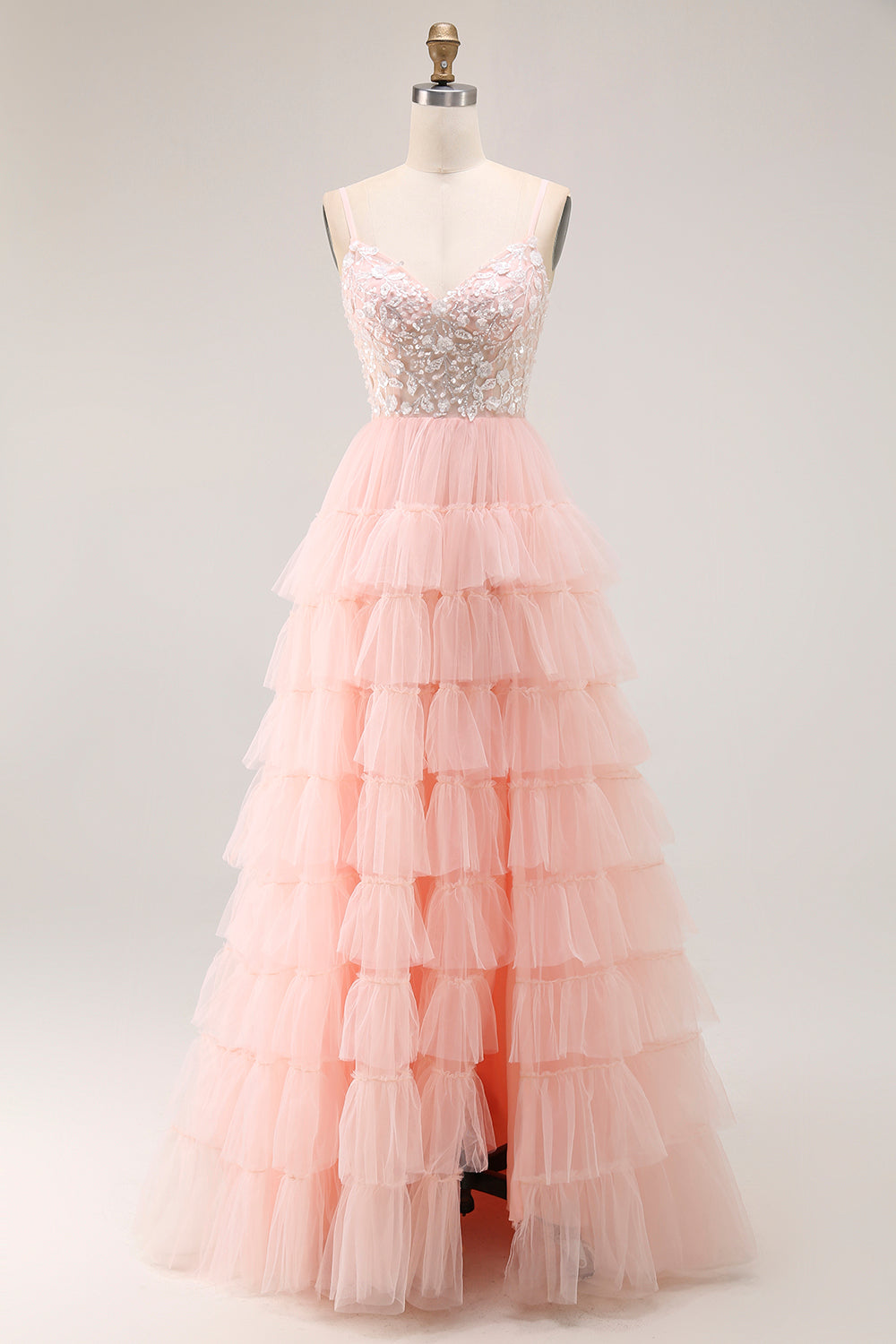 Sparkly Blush Tulle A-Line Tiered Long Floral Prom Dress with Sequins