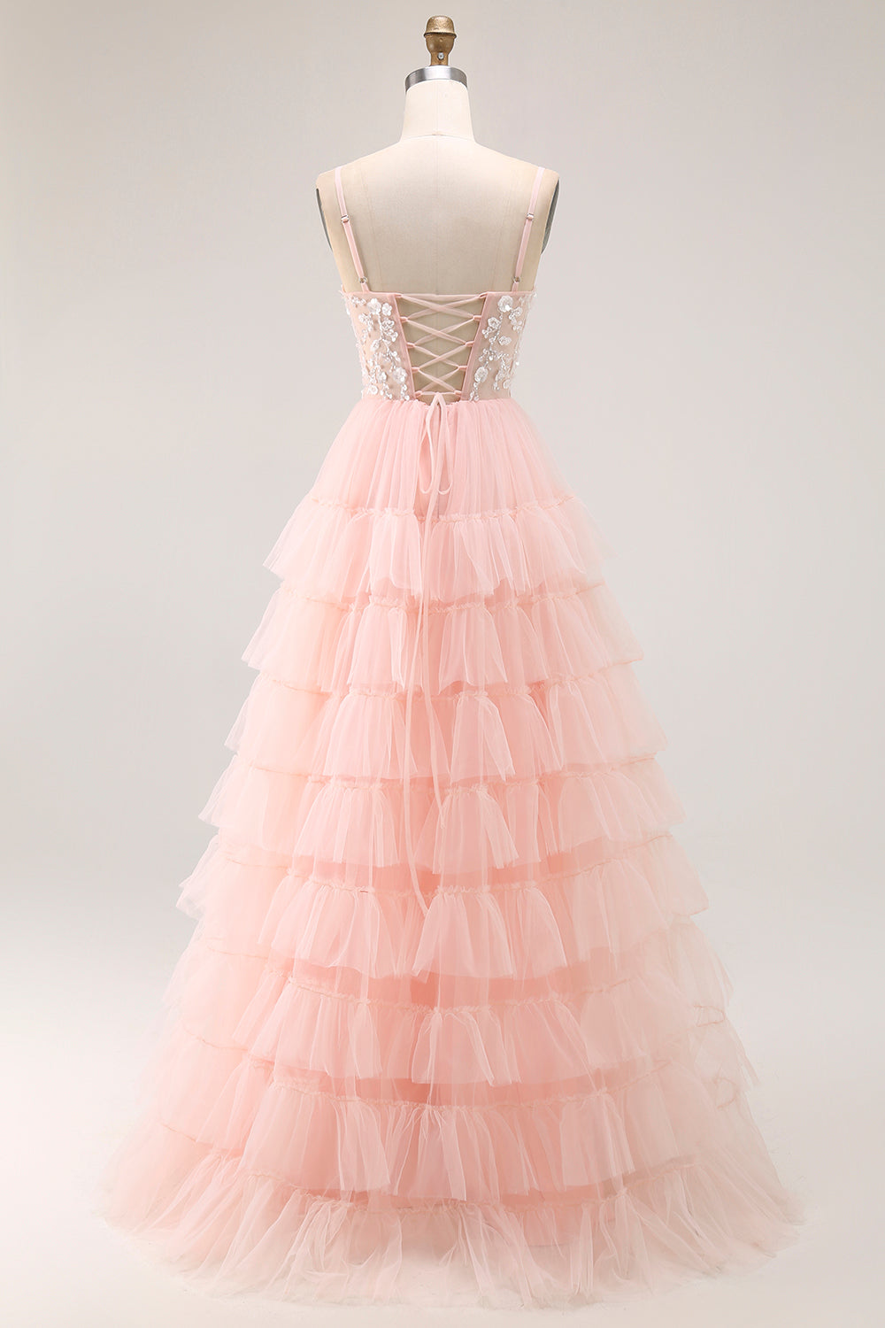 Sparkly Blush Tulle A-Line Tiered Long Floral Prom Dress with Sequins