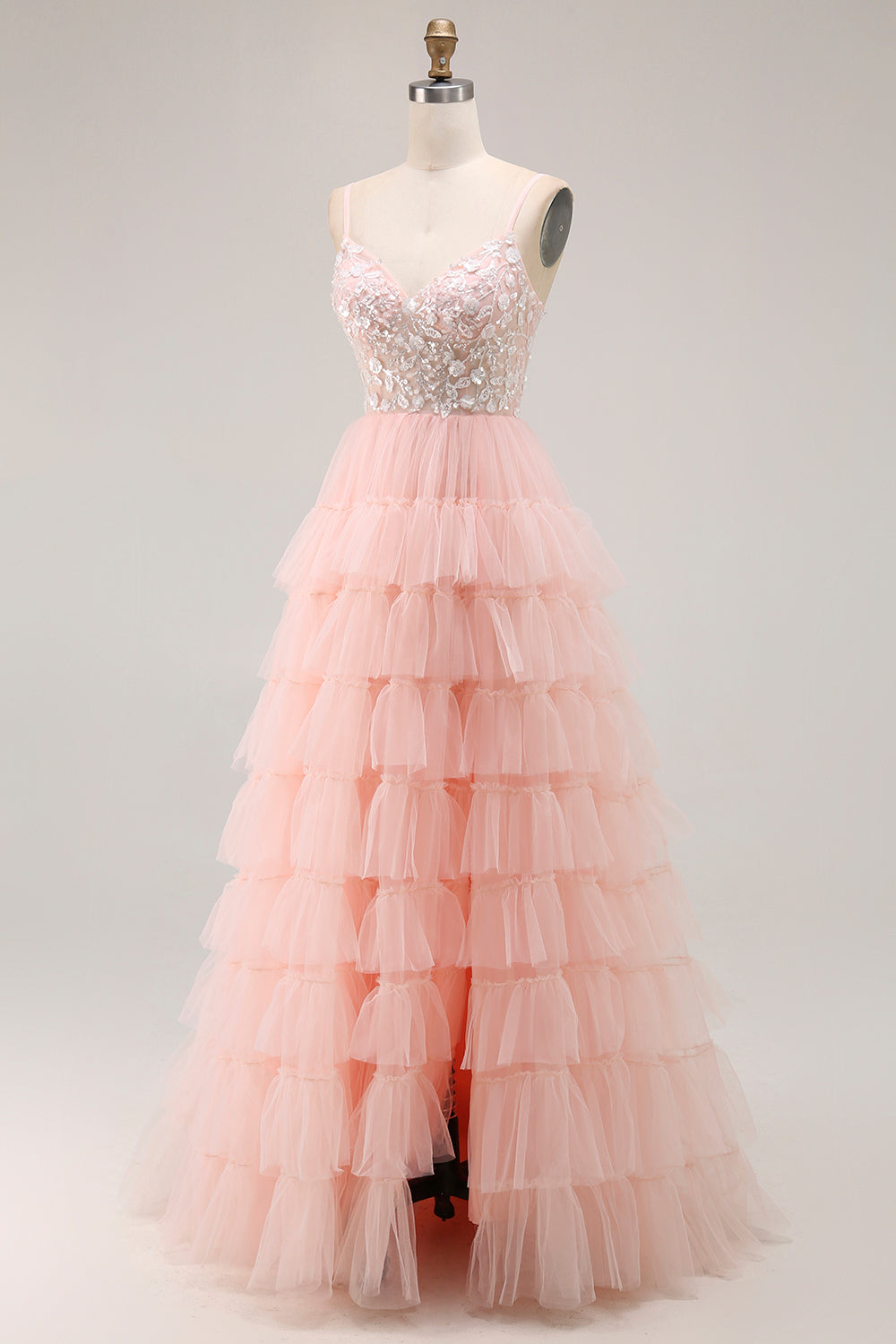 Sparkly Blush Tulle A-Line Tiered Long Floral Prom Dress with Sequins
