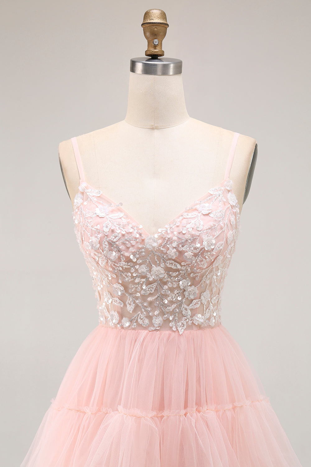 Sparkly Blush Tulle A-Line Tiered Long Floral Prom Dress with Sequins