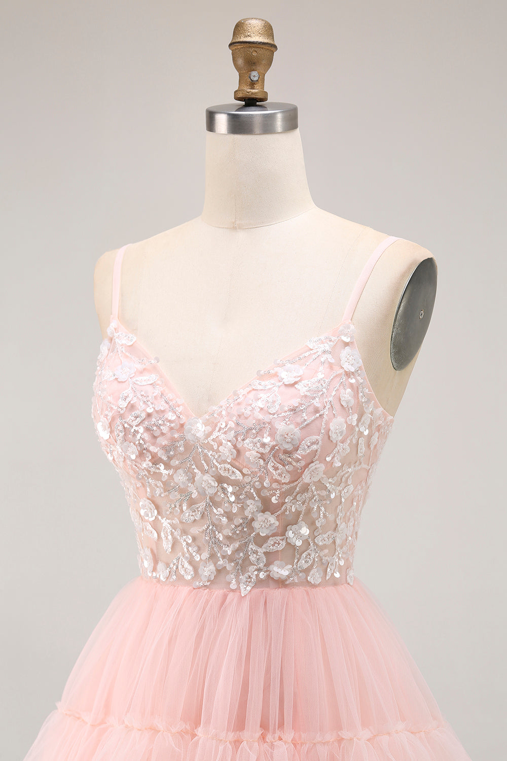 Sparkly Blush Tulle A-Line Tiered Long Floral Prom Dress with Sequins