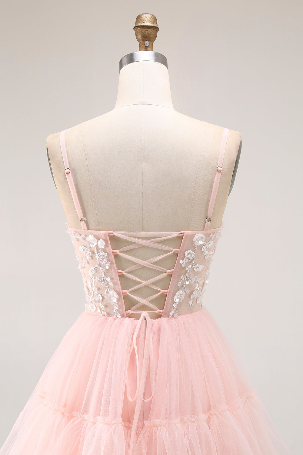 Sparkly Blush Tulle A-Line Tiered Long Floral Prom Dress with Sequins