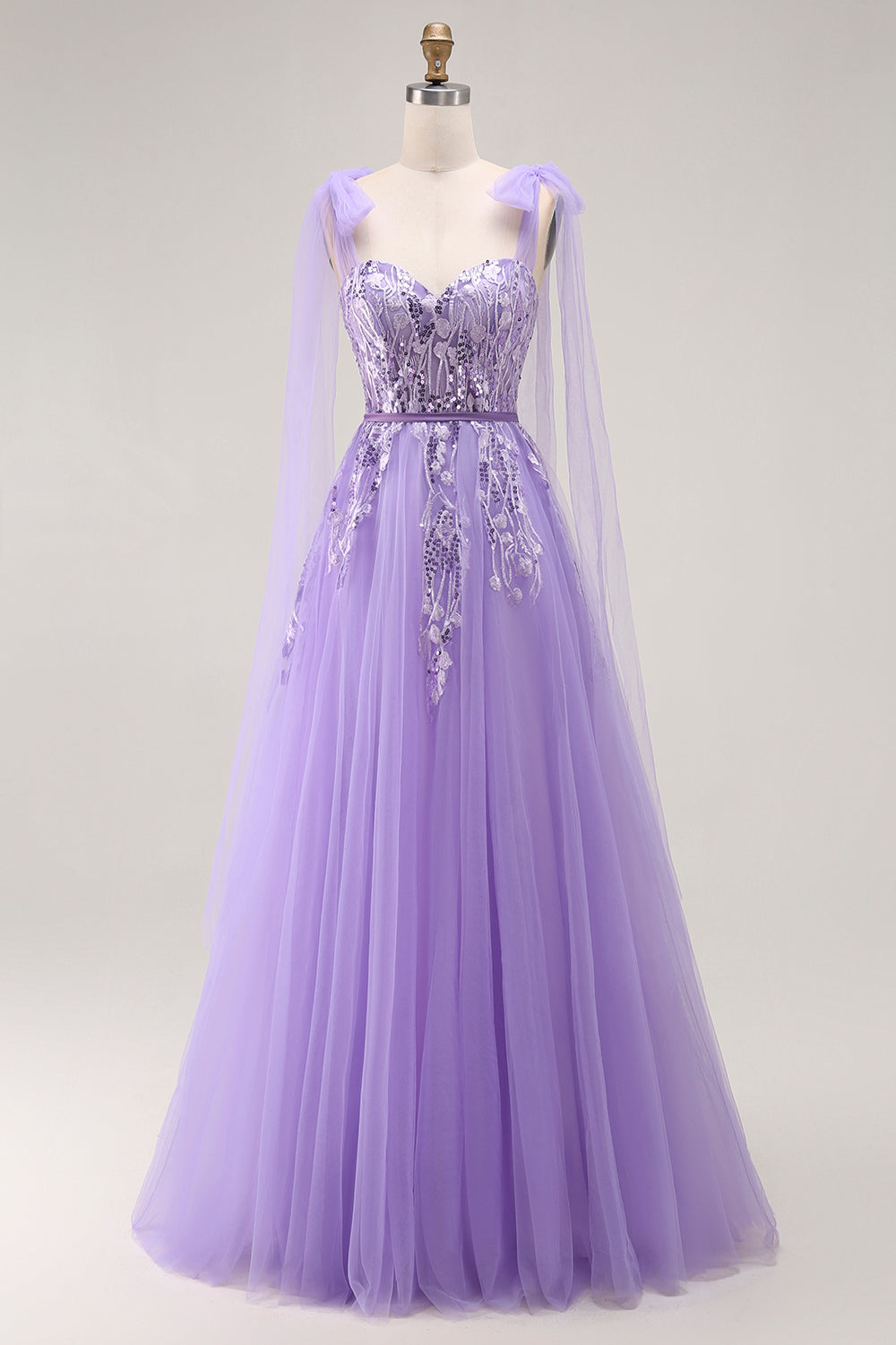 Sparkly Purple A-Line Tulle Bow Tie Straps Long Prom Dress with Sequins