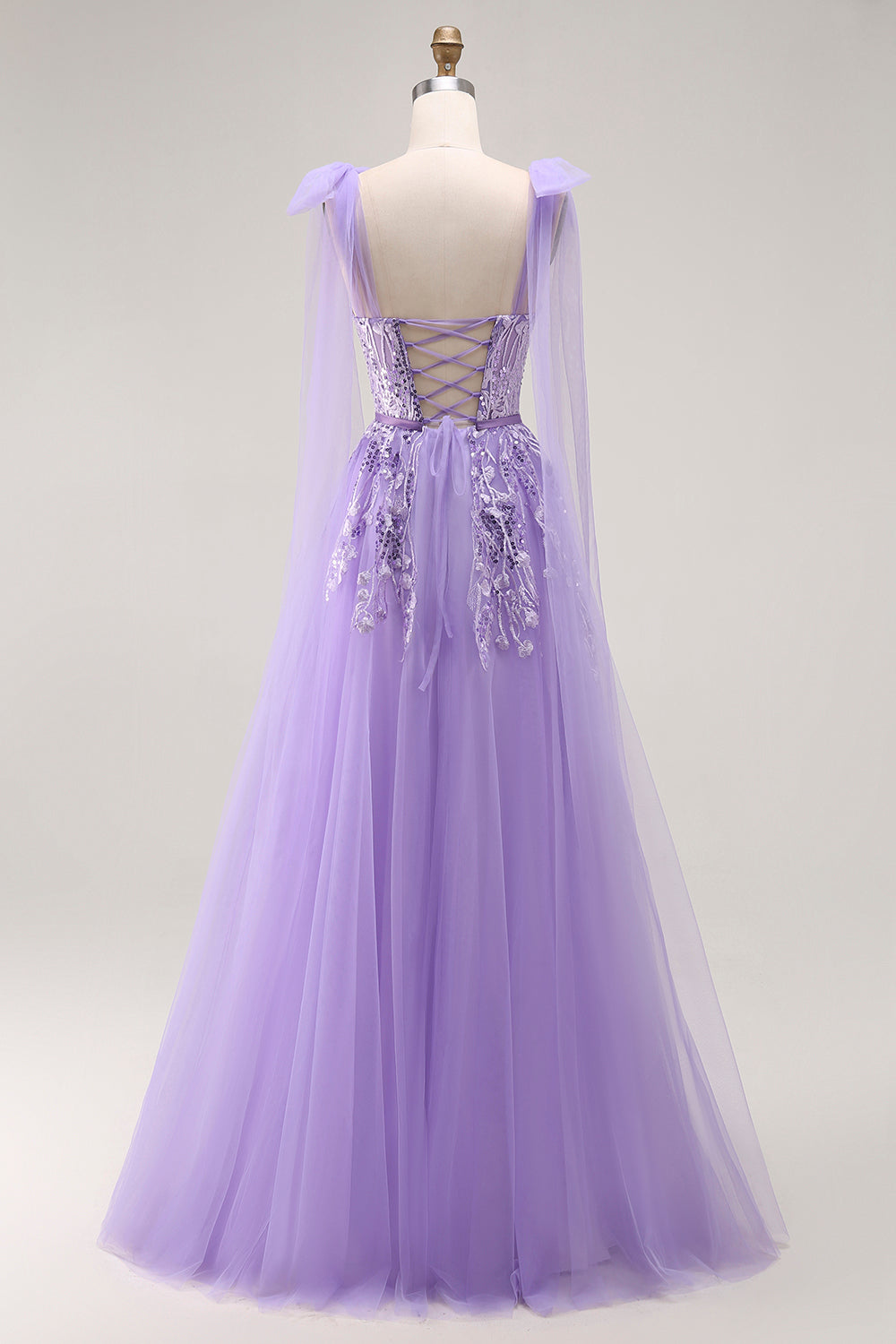 Sparkly Purple A-Line Tulle Bow Tie Straps Long Prom Dress with Sequins