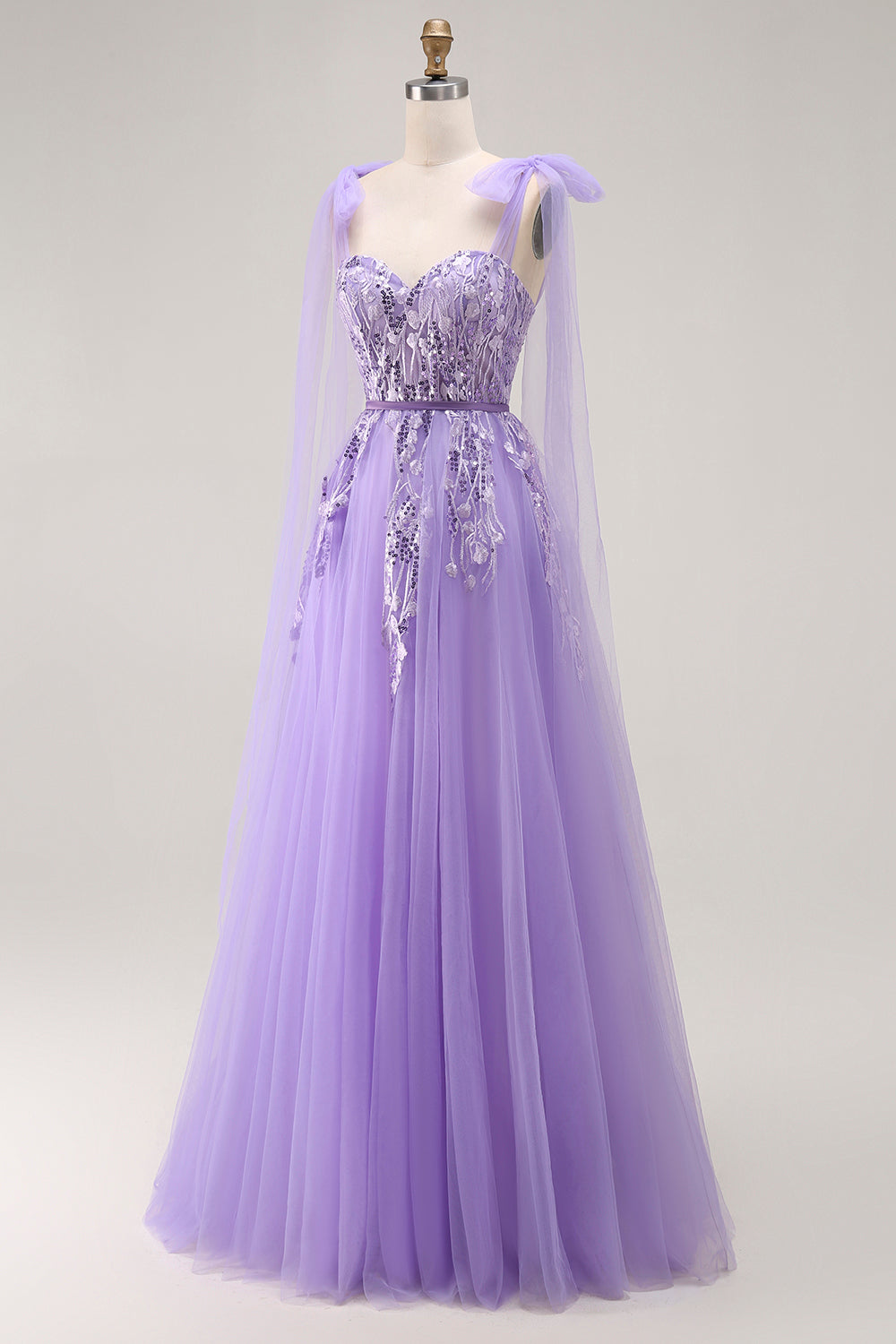 Sparkly Purple A-Line Tulle Bow Tie Straps Long Prom Dress with Sequins