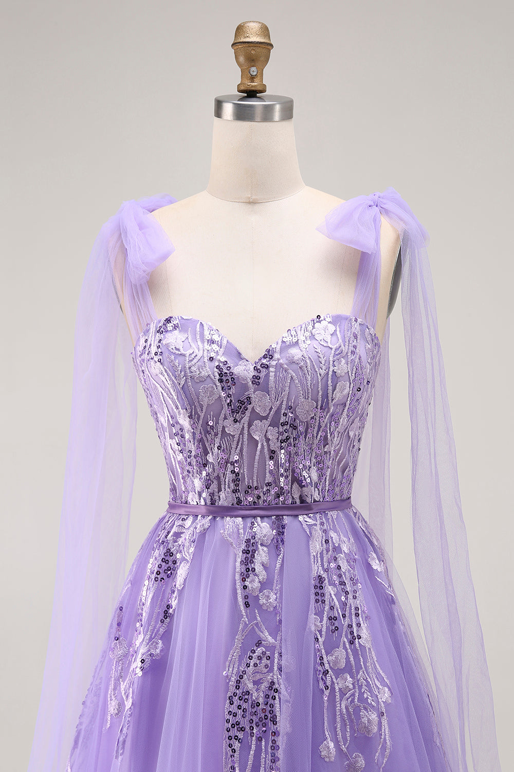 Sparkly Purple A-Line Tulle Bow Tie Straps Long Prom Dress with Sequins