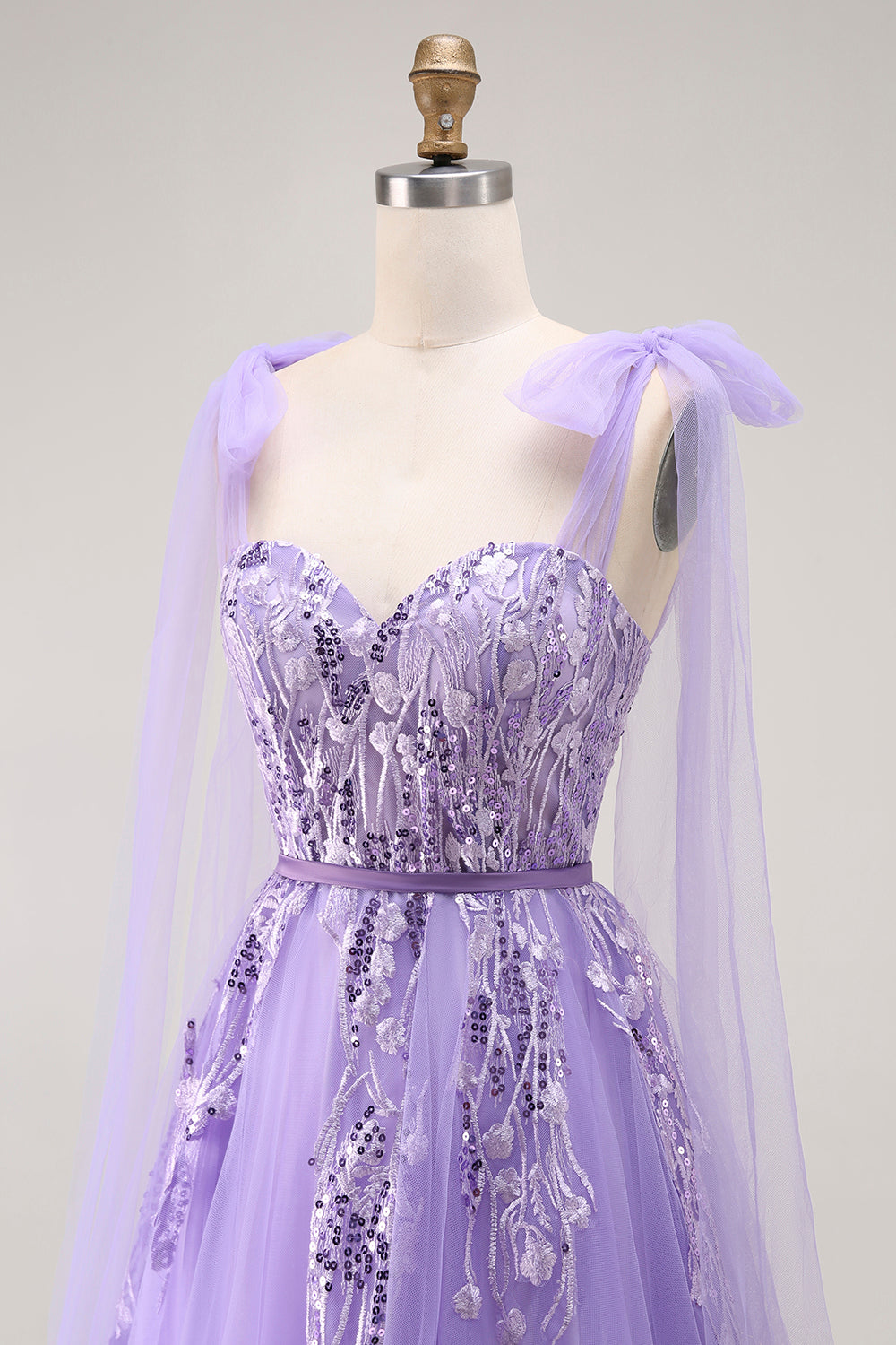 Sparkly Purple A-Line Tulle Bow Tie Straps Long Prom Dress with Sequins