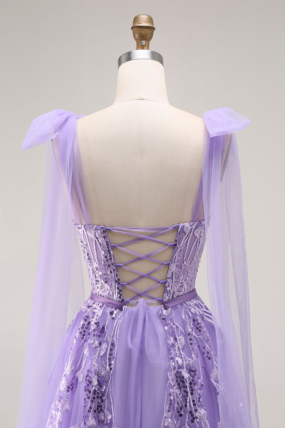 Sparkly Purple A-Line Tulle Bow Tie Straps Long Prom Dress with Sequins