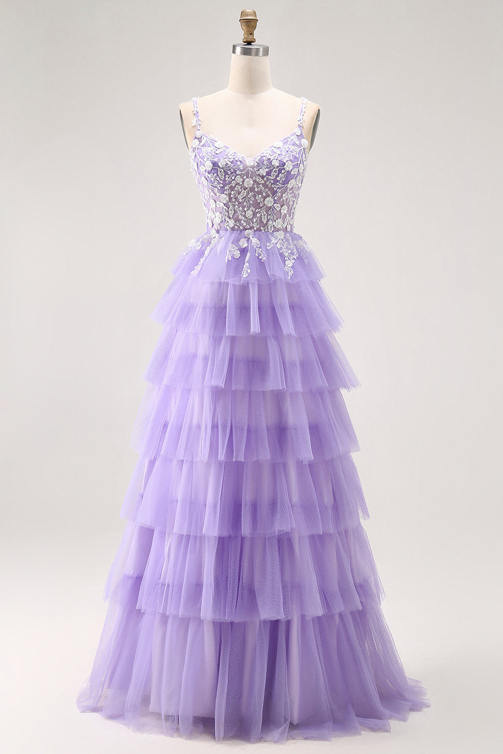 Sparkly Purple Tiered A-Line Long Floral Prom Dress with Lace