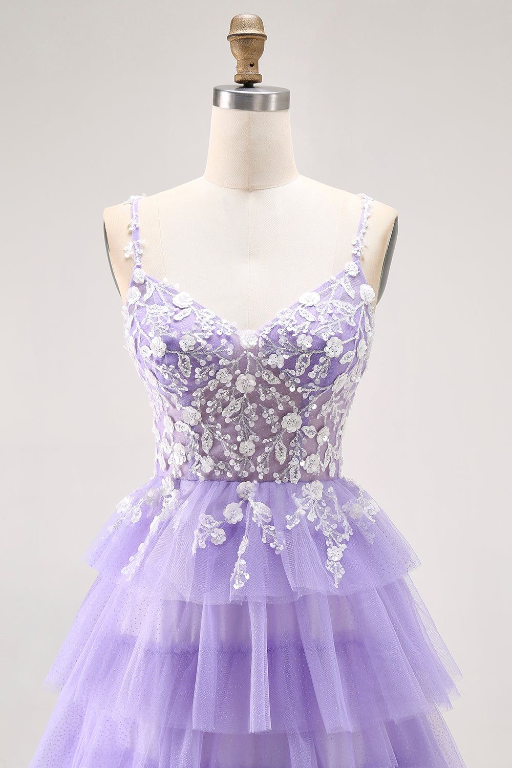 Sparkly Purple Tiered A-Line Long Floral Prom Dress with Lace