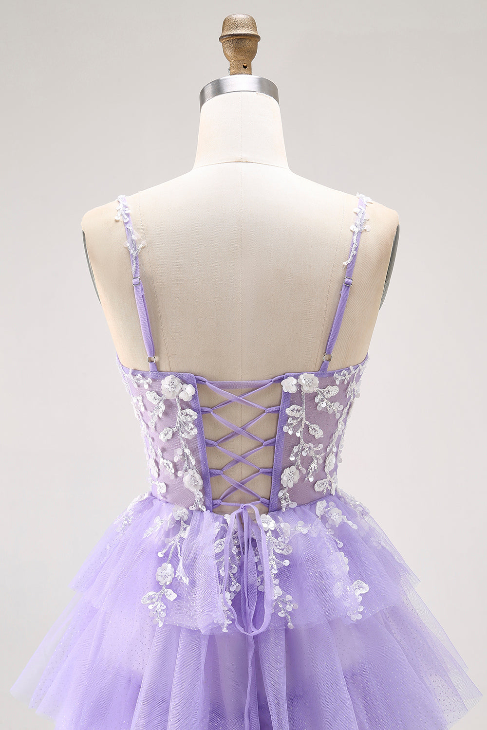 Sparkly Purple Tiered A-Line Long Floral Prom Dress with Lace