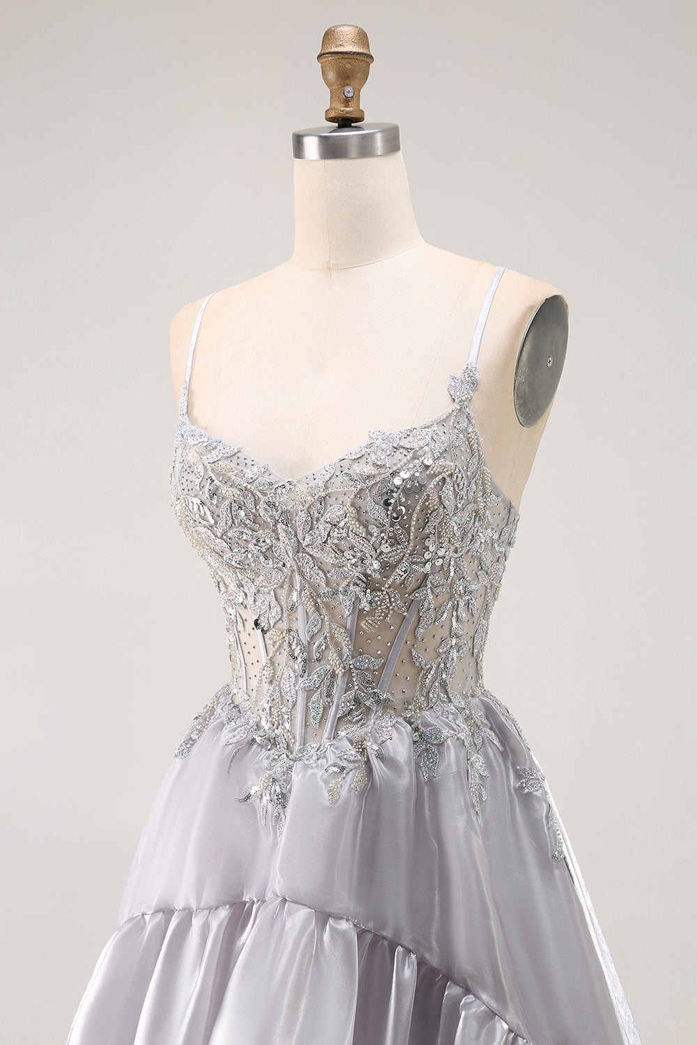 Sparkly Grey Corset A-Line Long Beaded Prom Dress with Ruffles