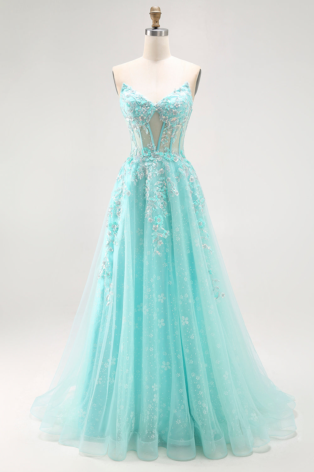 Sparkly Green Corset A-Line Long Tulle Prom Dress with Lace