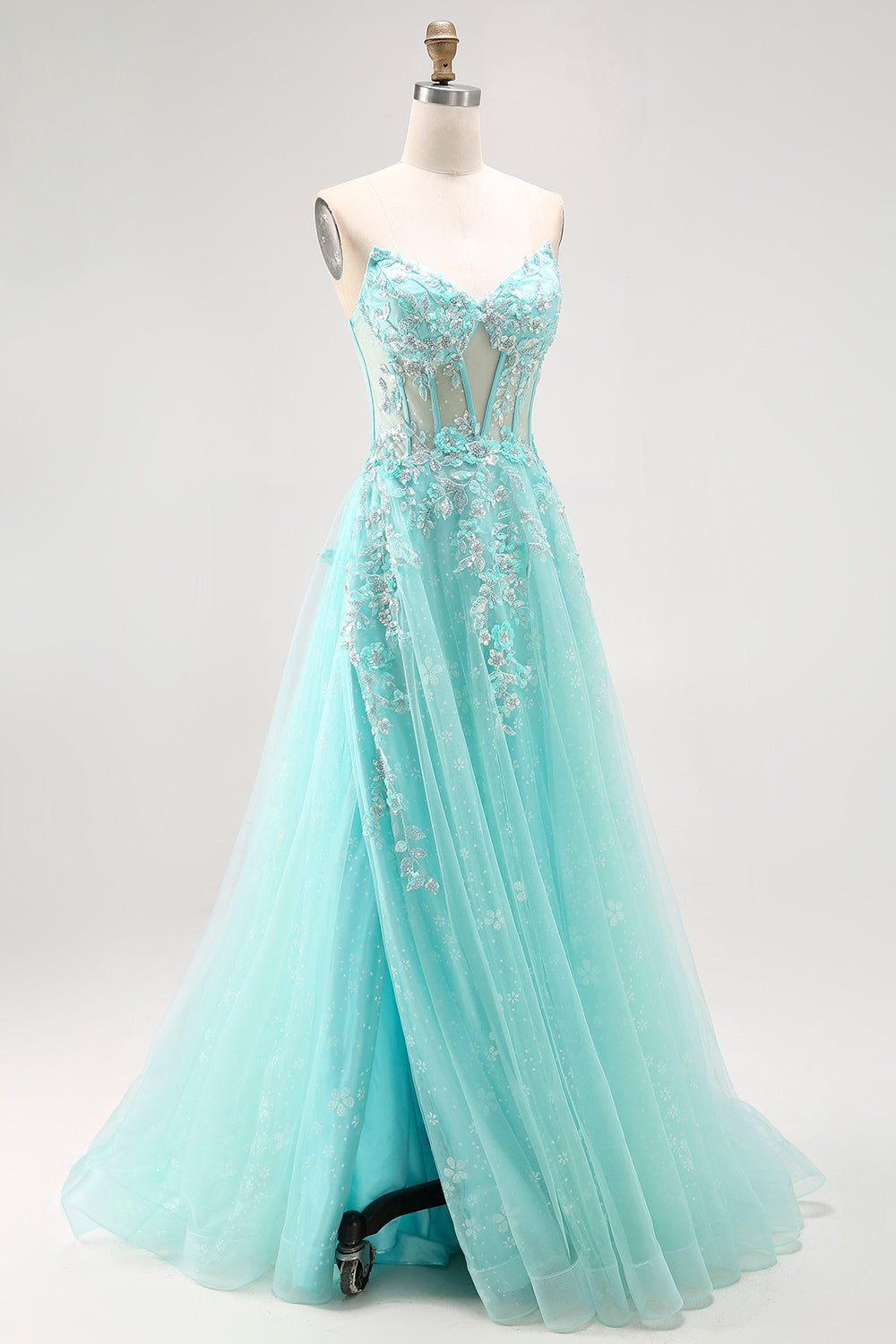 Sparkly Green Corset A-Line Long Tulle Prom Dress with Lace