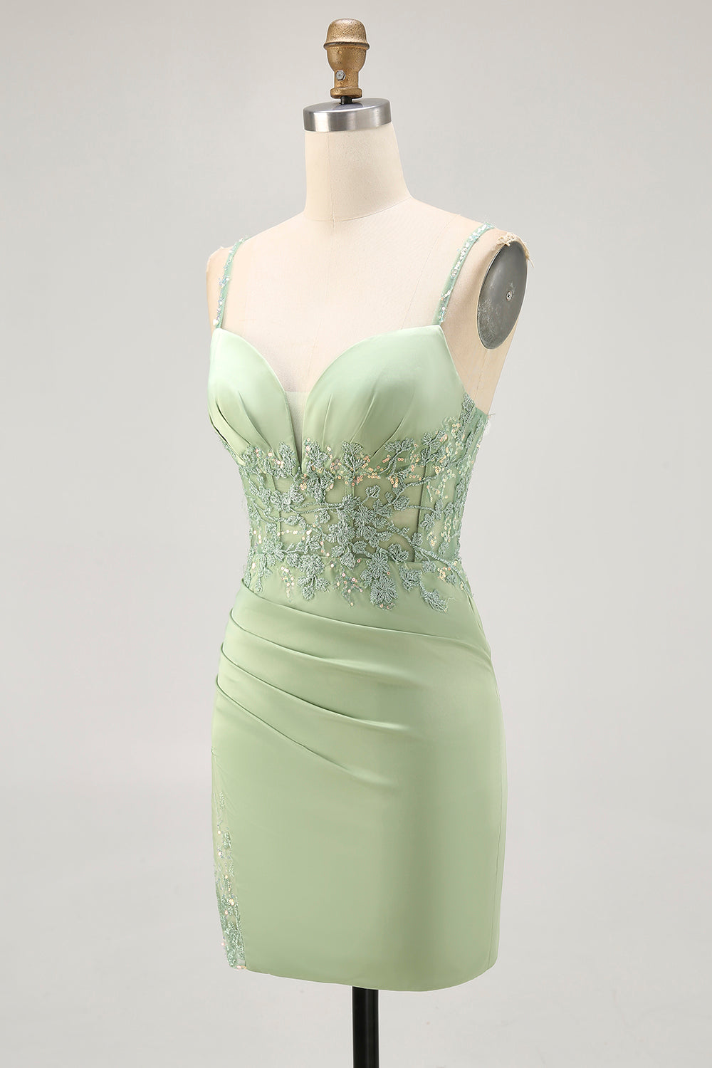 Sparkly Matcha Tight Satin Short Corset Homecoming Dress with Appliques