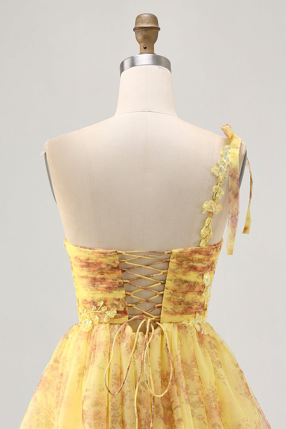 Sparkly Yellow One Shoulder Short Floral Homecoming Dress with Bow