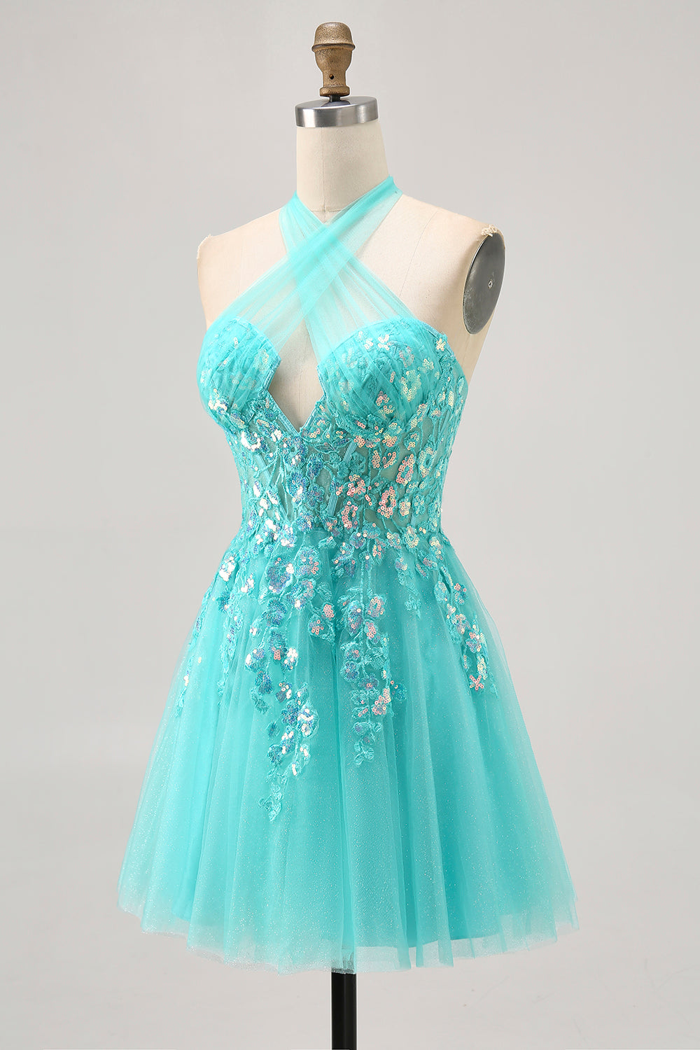 Sparkly Green Corset Halter Short Homecoming Dress with Appliques