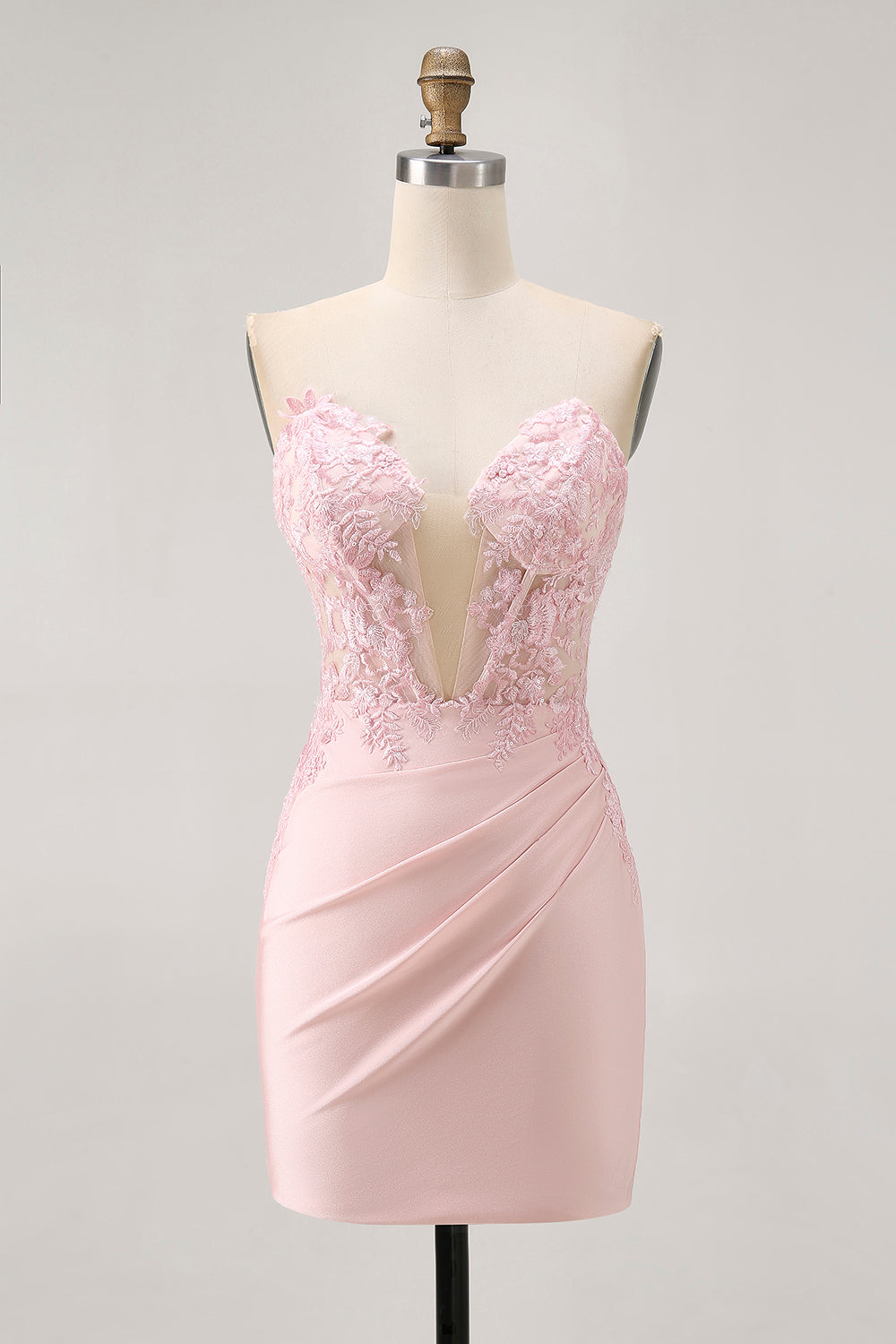 Blush Satin Floral Tight Short Corset Homecoming Dress with Lace