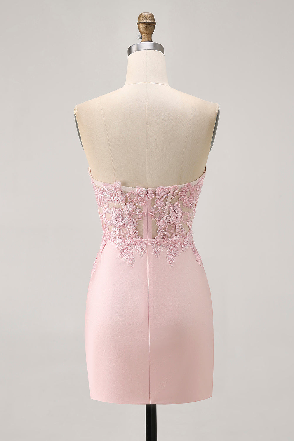 Blush Satin Floral Tight Short Corset Homecoming Dress with Lace