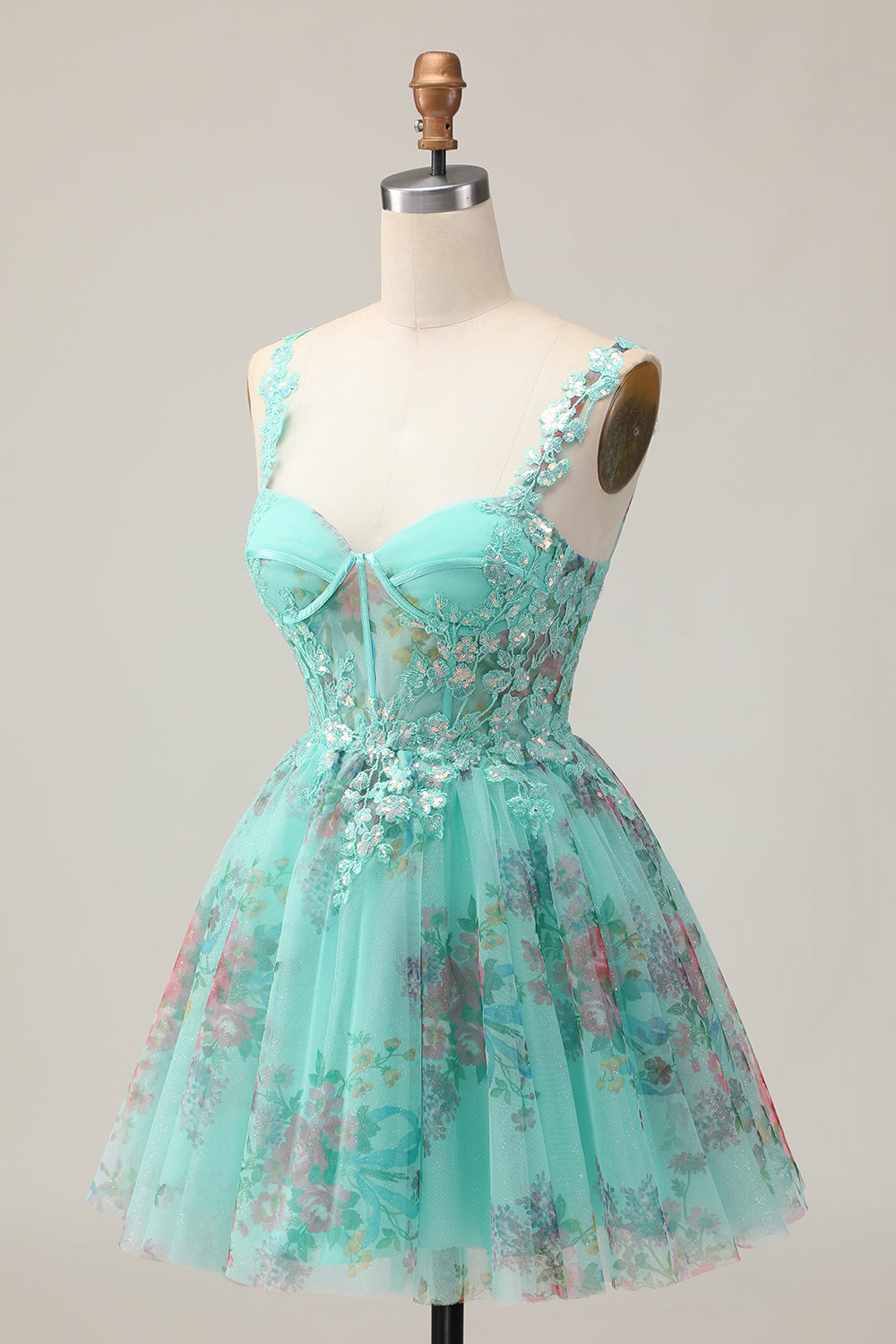 Sparkly Green Floral A Line Short Corset Homecoming Dress with Sequins