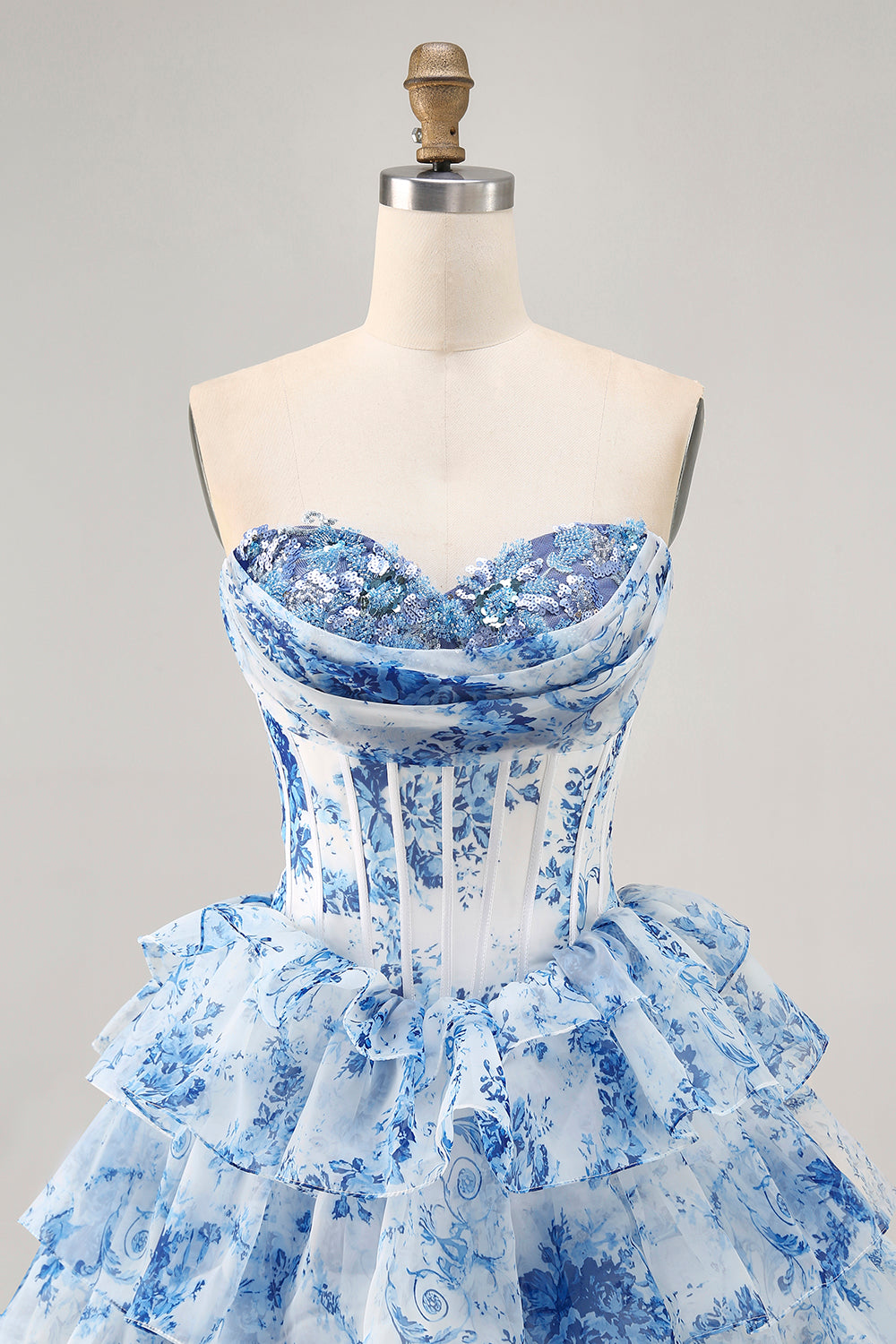 Sparkly White Blue Flower A Line Short Corset Homecoming Dress with Ruffles