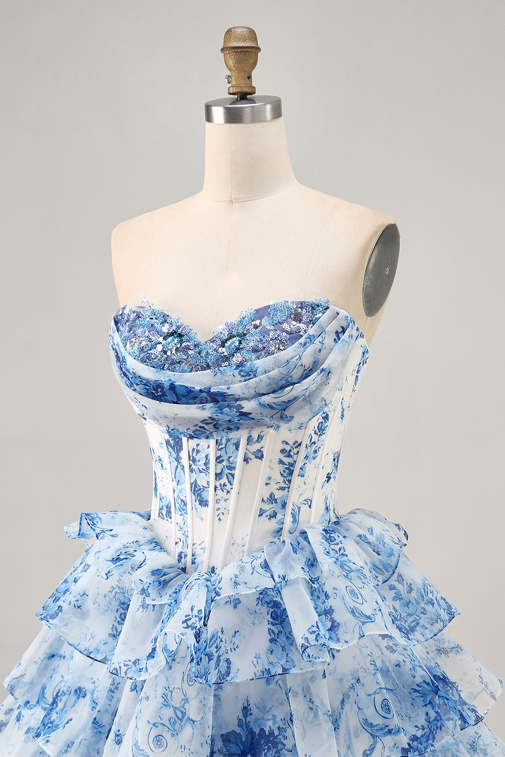 Sparkly White Blue Flower A Line Short Corset Homecoming Dress with Ruffles