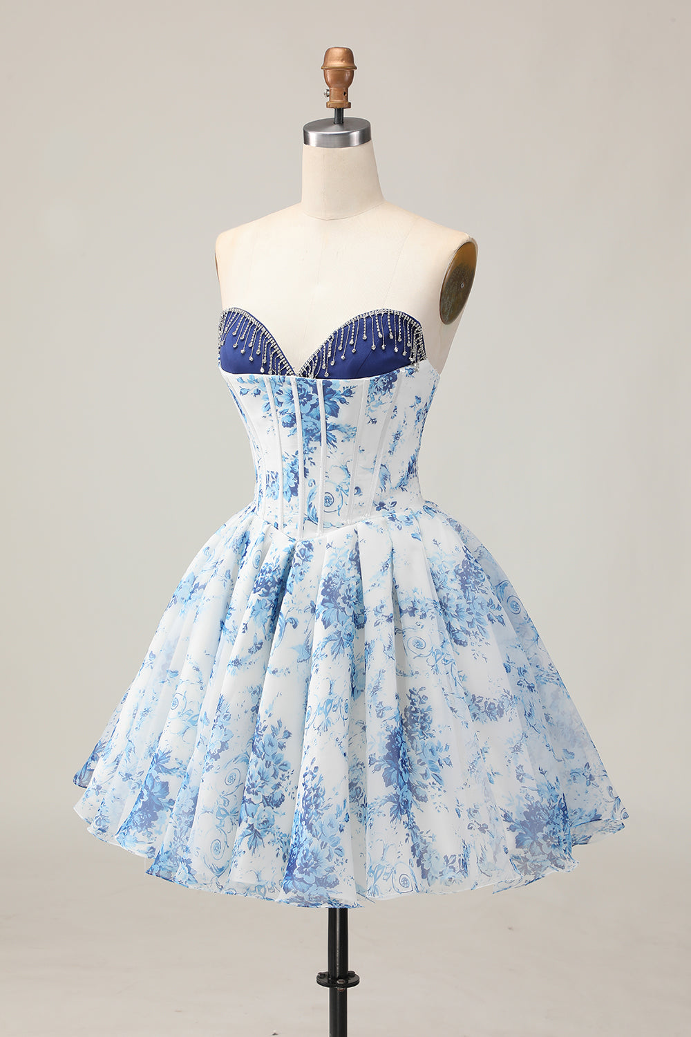 Sparkly White and Blue Floral Short Corset Homecoming Dress with Beading