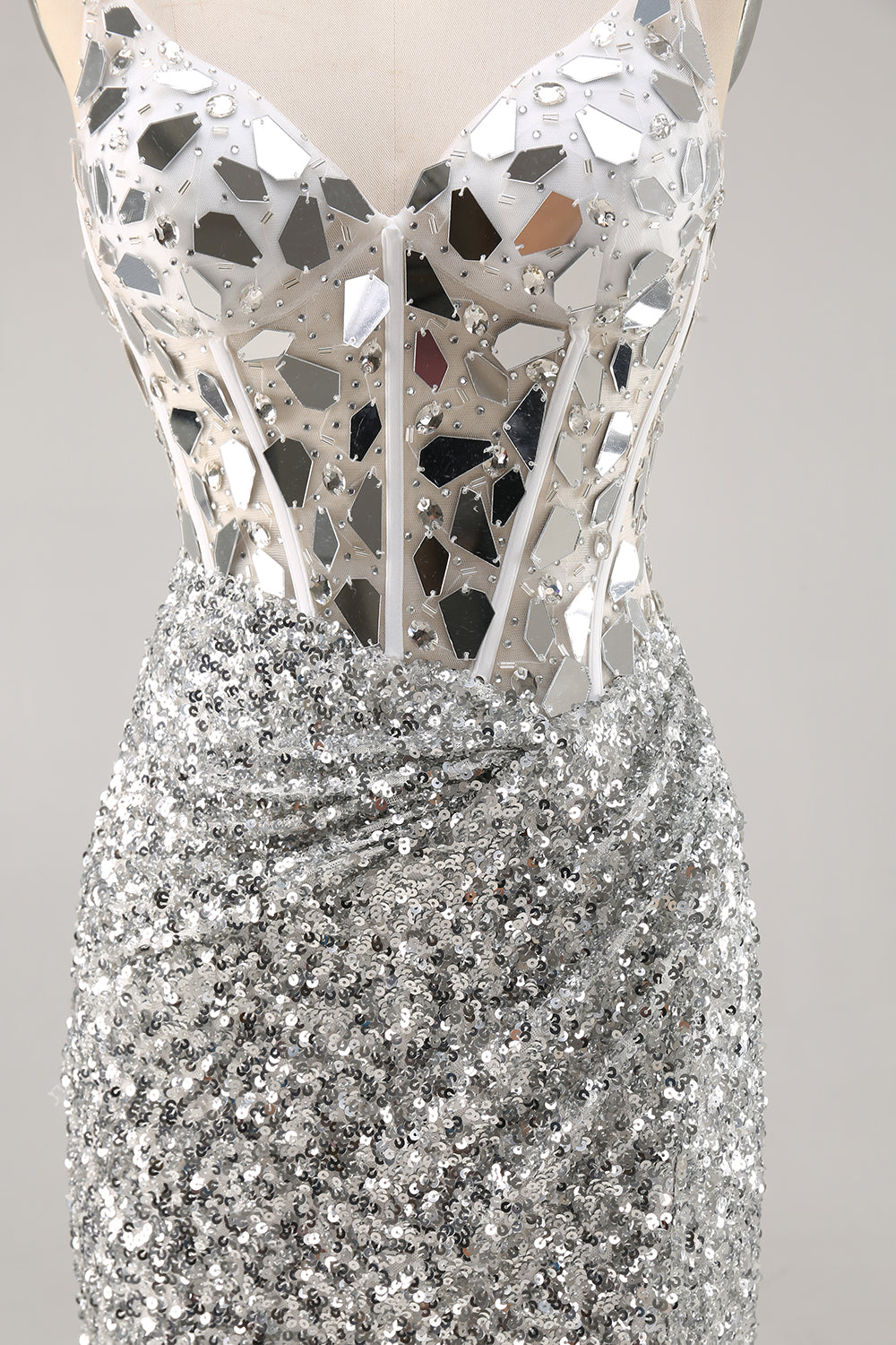 Sparkly Silver Mirror Corset V-Neck Short Sequins Homecoming Dress