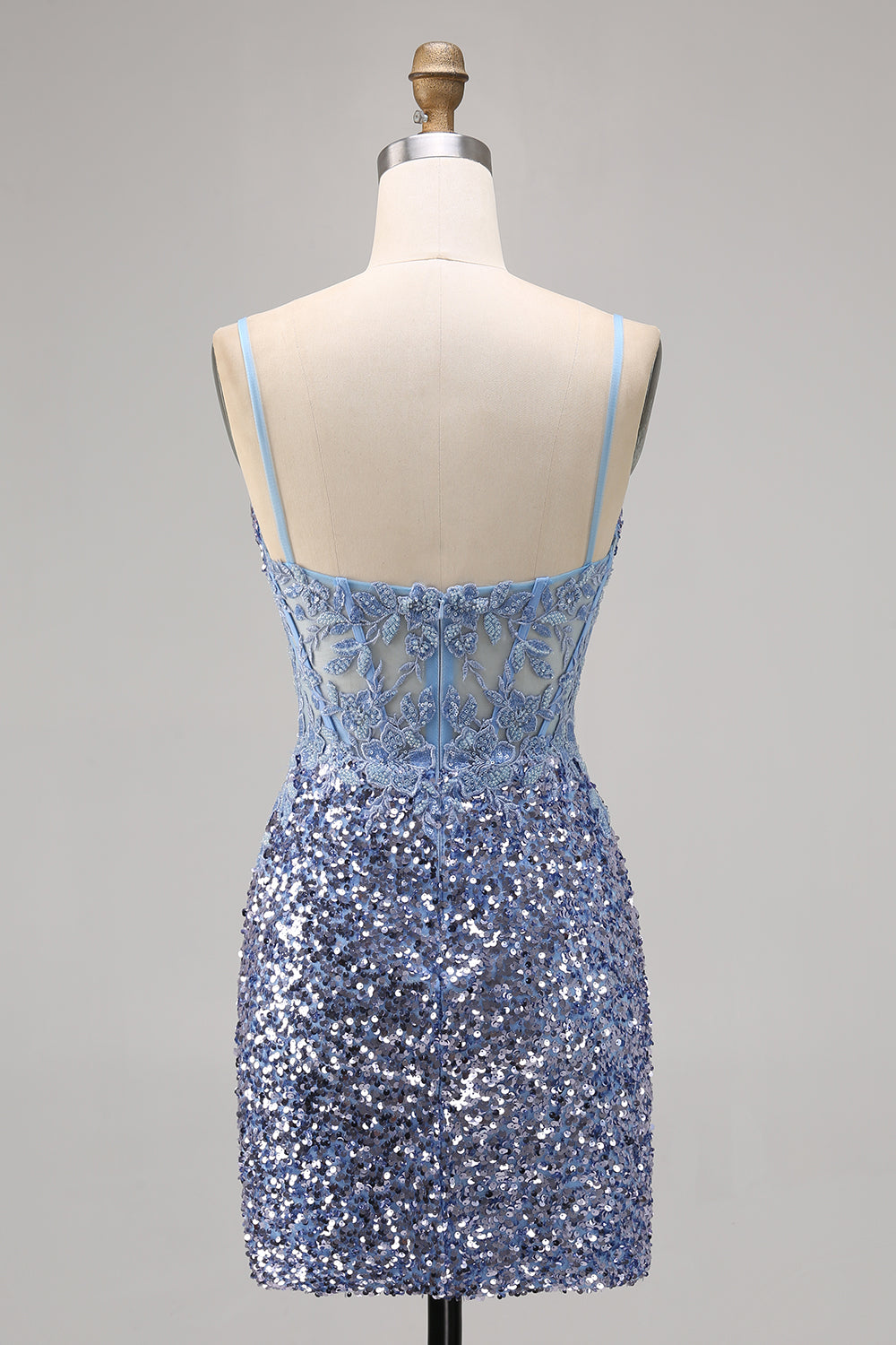 Sparkly Grey Blue Bodycon Sequins Short Corset Homecoming Dress with Slit