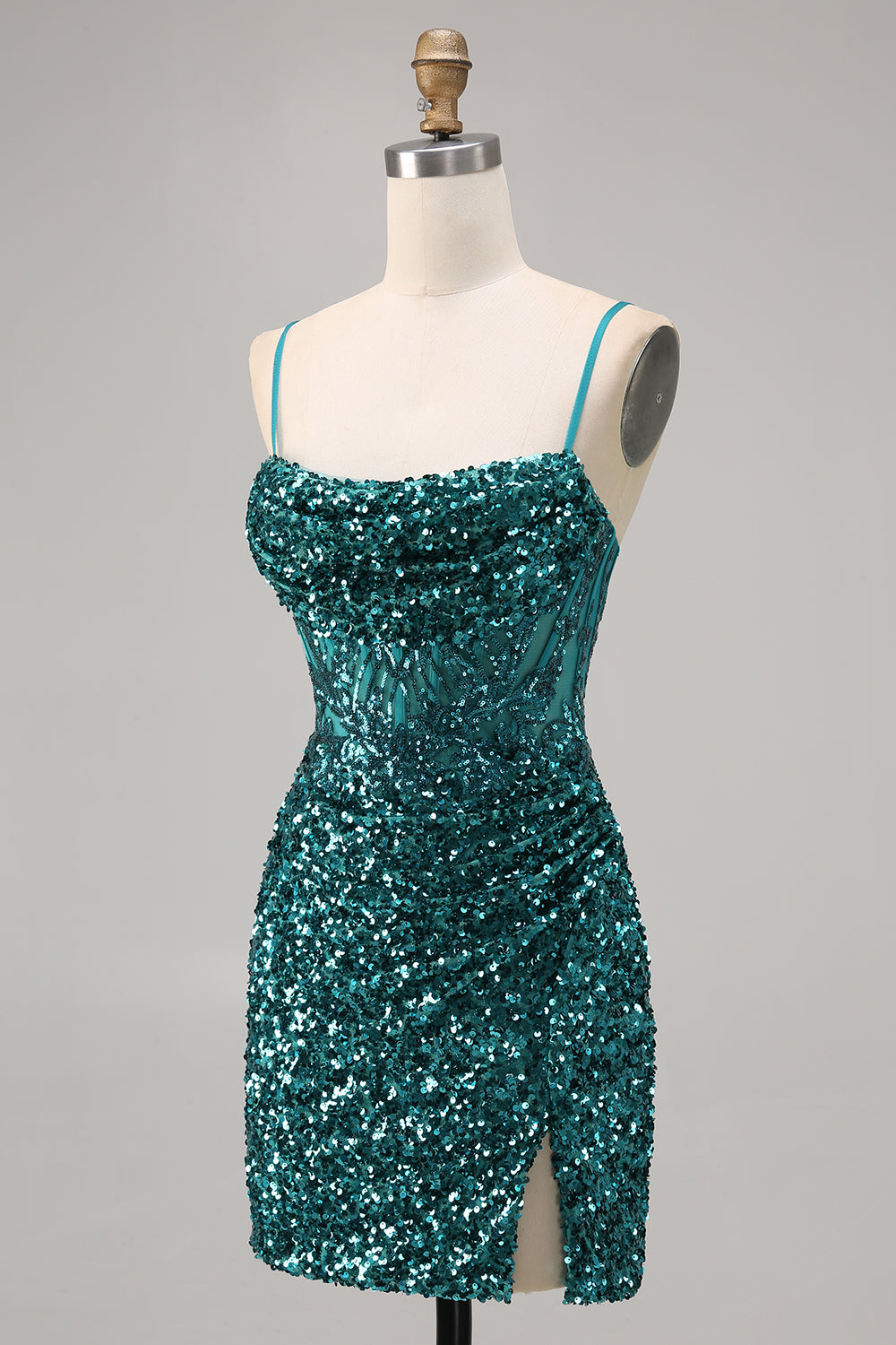 Sparkly Grey Blue Bodycon Sequins Short Corset Homecoming Dress with Slit