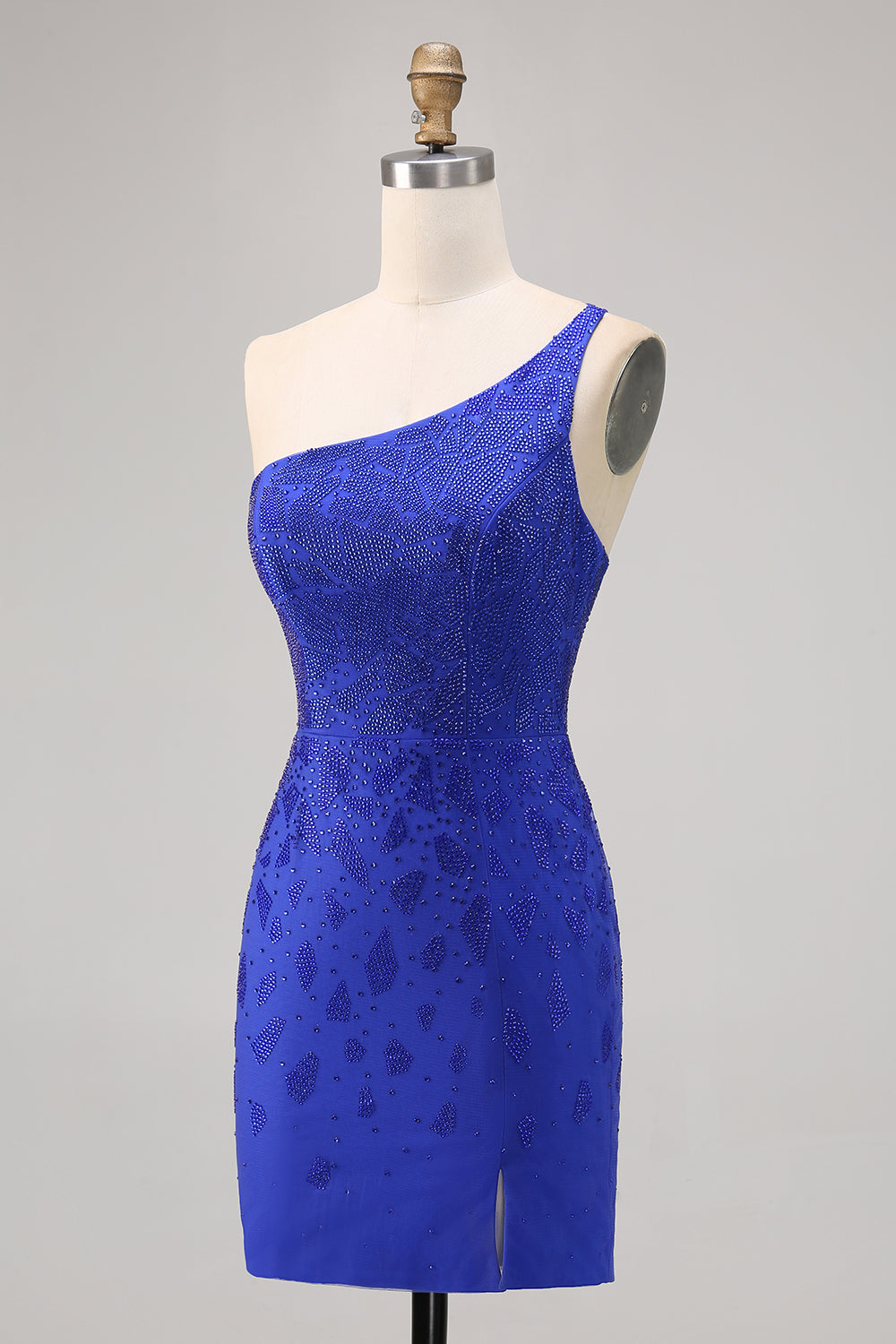 Sparkly Royal Blue One Shoulder Bodycon Short Homecoming Dress with Slit
