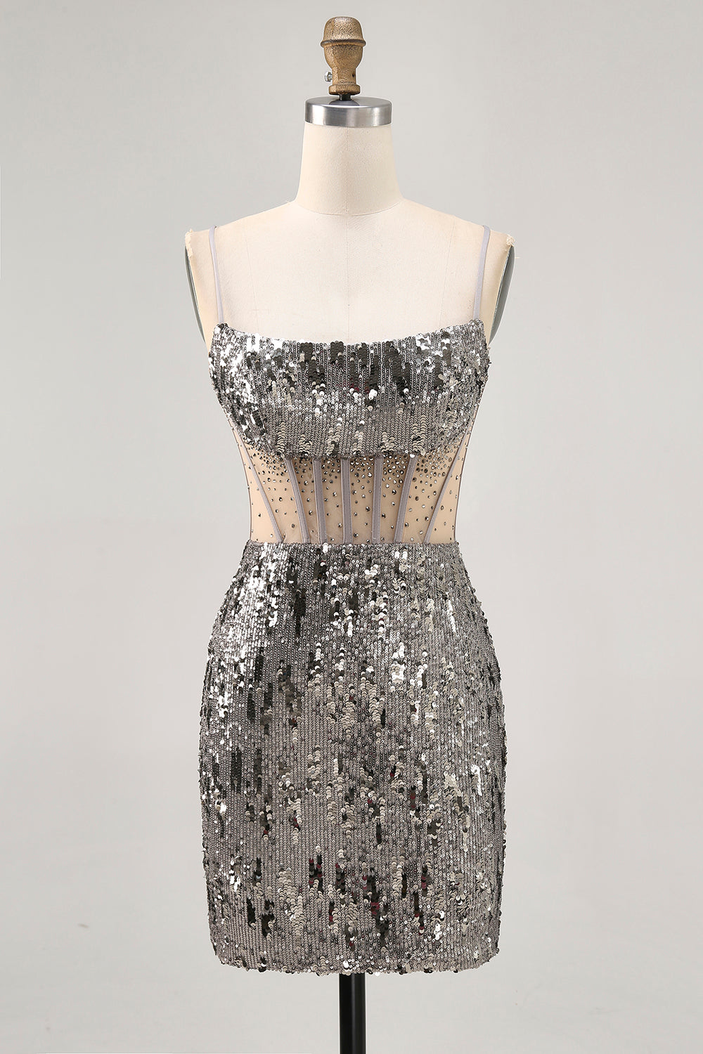 Sparkly Steel Grey Corset Sequin Short Tight Homecoming Dress
