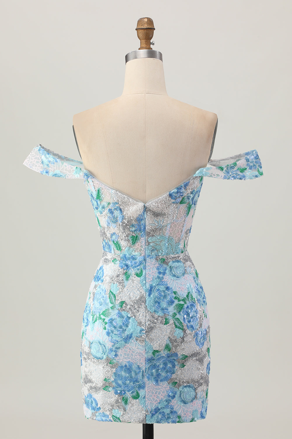 Sparkly White Blue Floral Sequin Tight Short Homecoming Dress