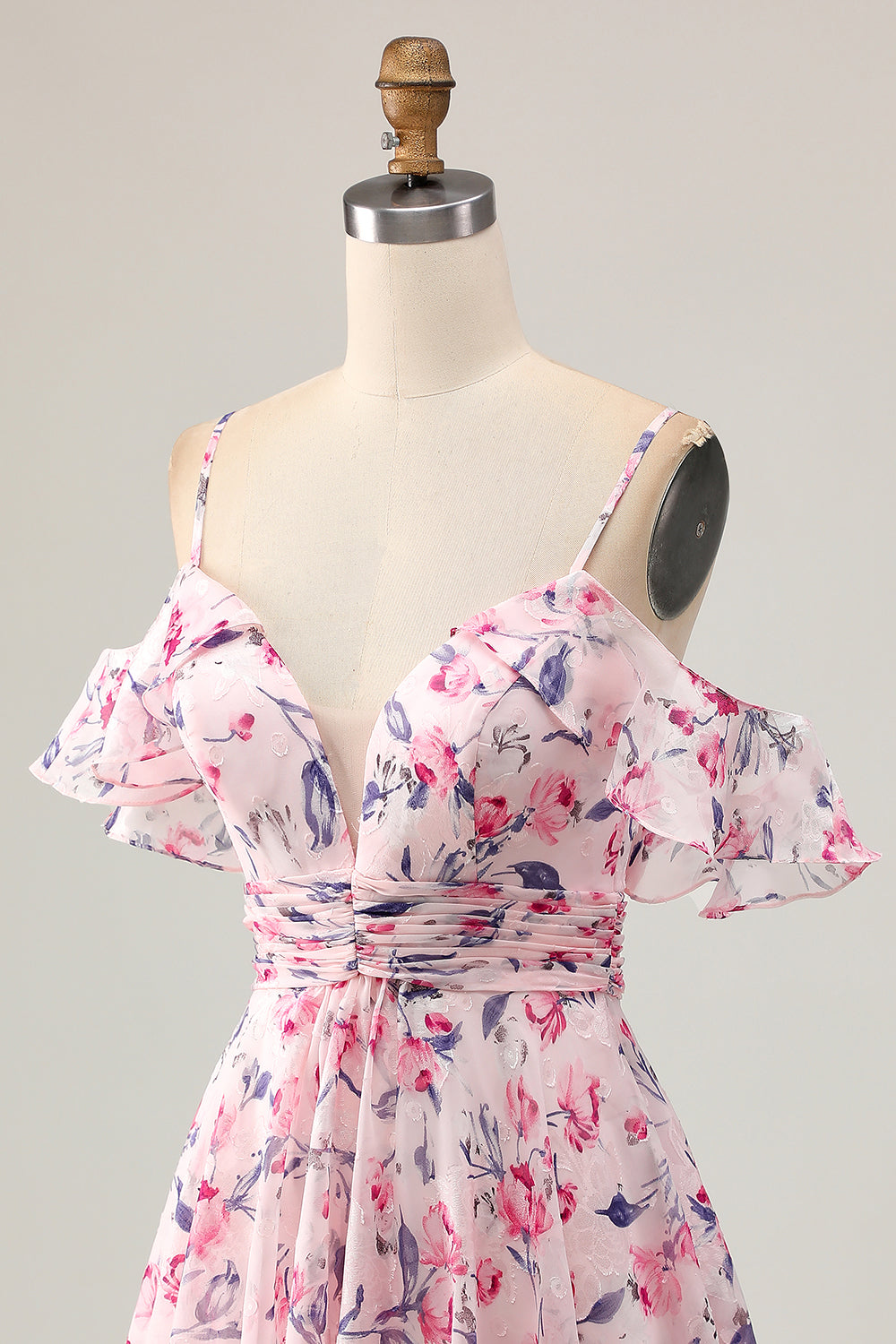 Pink Floral Ruched Chiffon Short Homecoming Dress with Ruffles