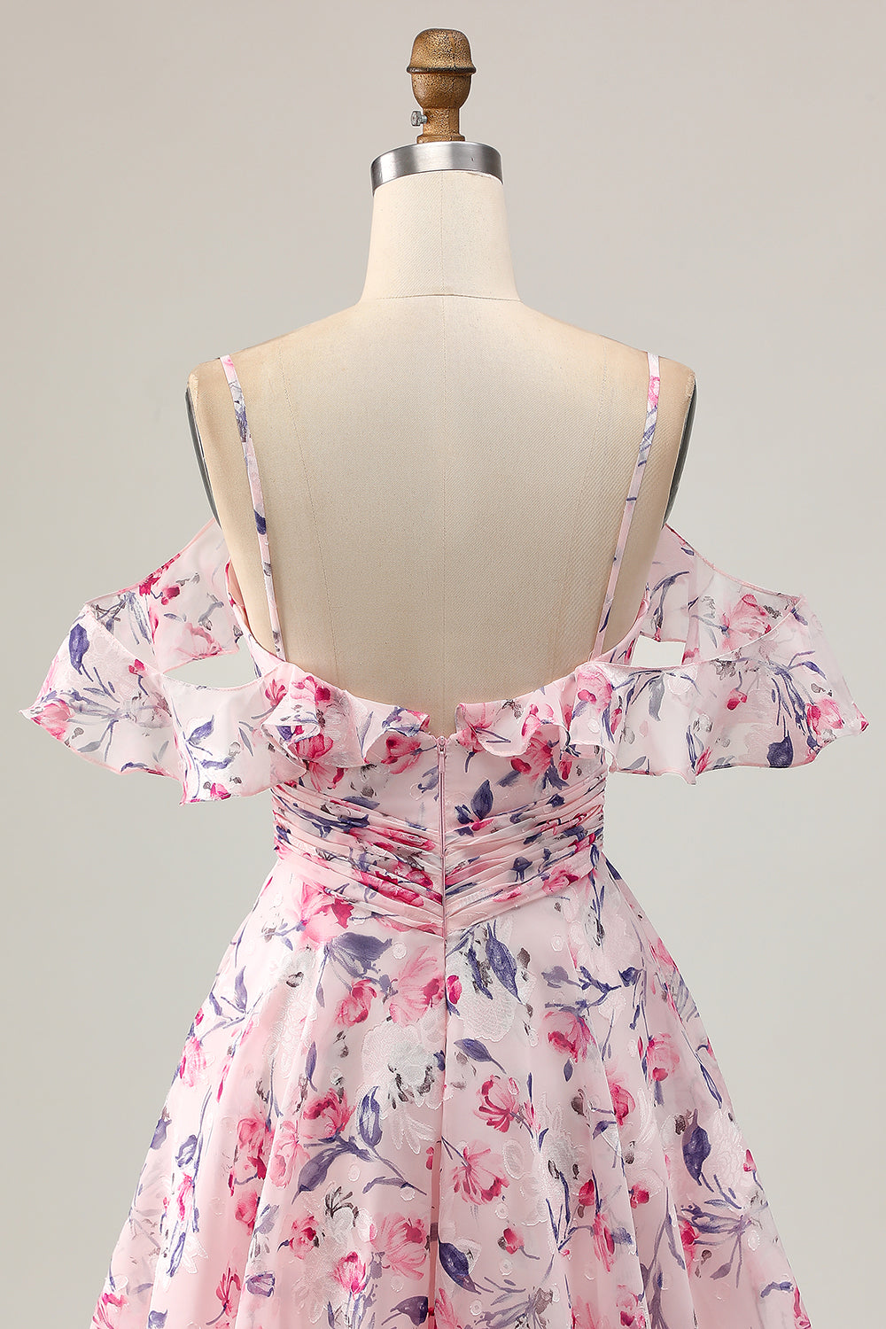 Pink Floral Ruched Chiffon Short Homecoming Dress with Ruffles