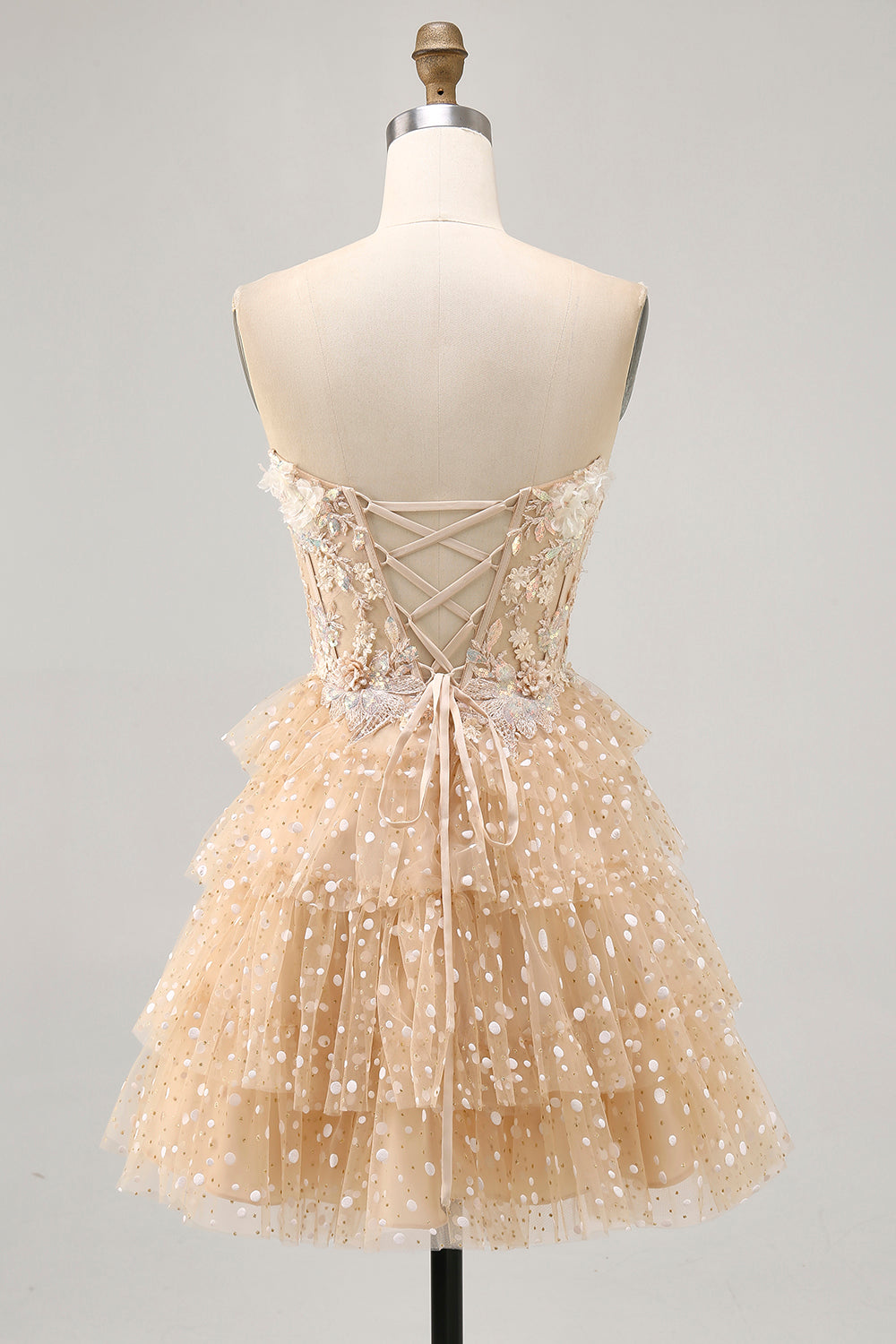 Sparkly Champagne Corset Polka Dots Short Floral Homecoming Dress