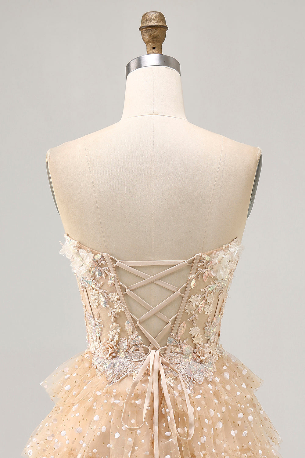 Sparkly Champagne Corset Polka Dots Short Floral Homecoming Dress