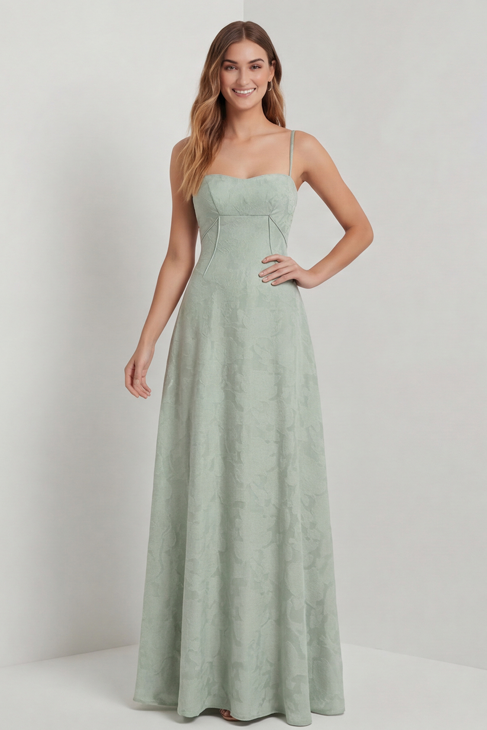 Floral Sage Green Corset Spaghetti Straps Long Wedding Guest Dress