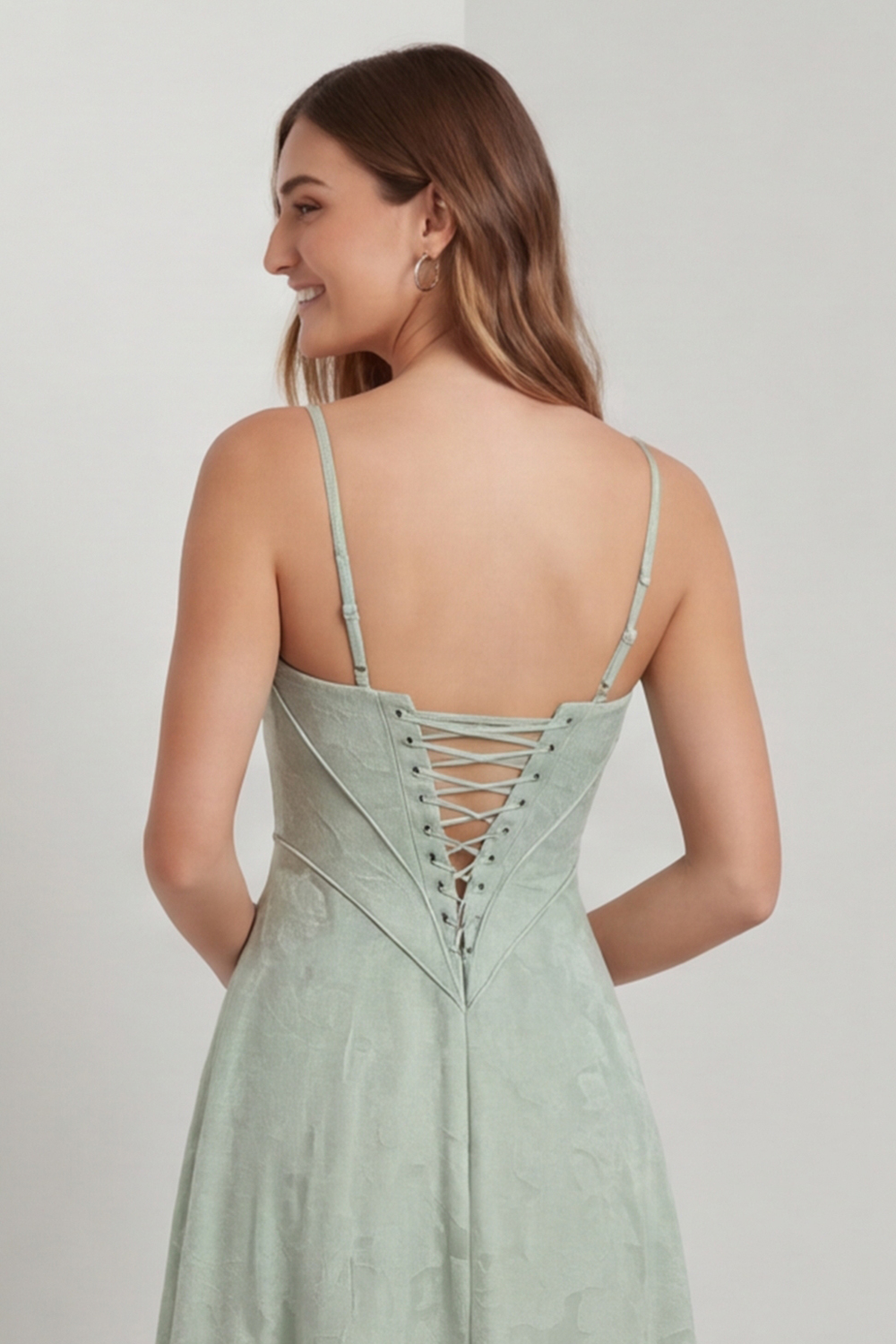 Floral Sage Green Corset Spaghetti Straps Long Wedding Guest Dress