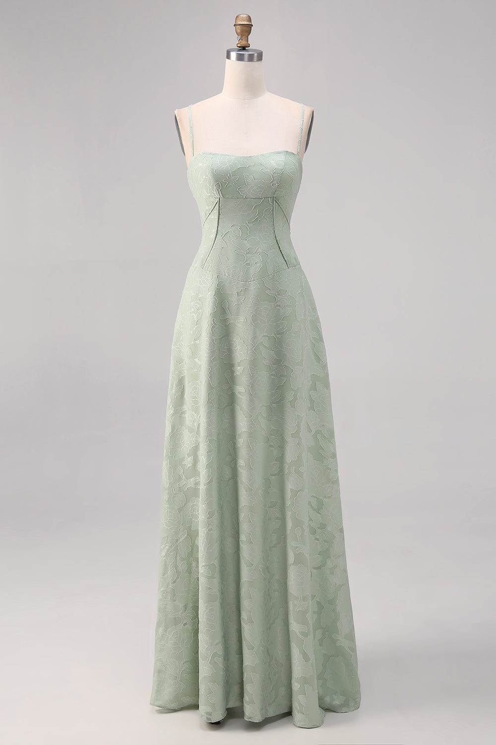 Floral Sage Green Corset Spaghetti Straps Long Wedding Guest Dress
