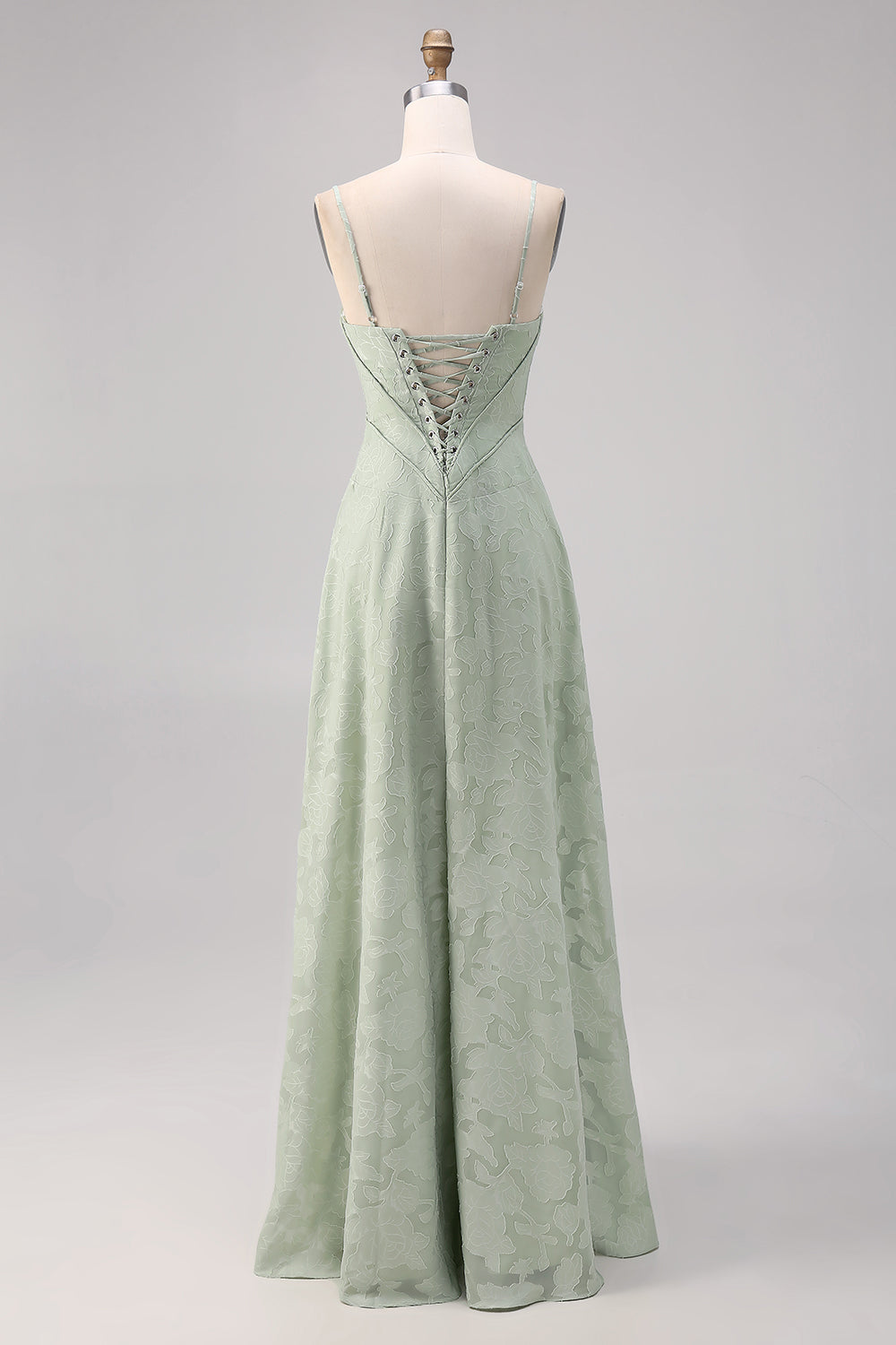 Floral Sage Green Corset Spaghetti Straps Long Wedding Guest Dress