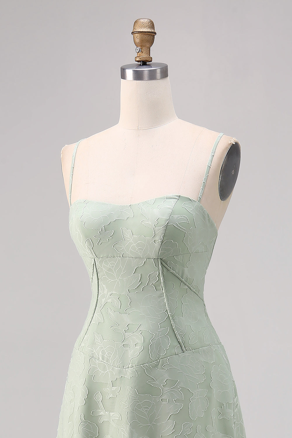 Floral Sage Green Corset Spaghetti Straps Long Wedding Guest Dress