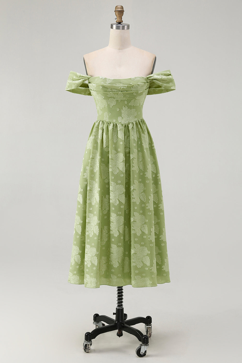 Floral Sage Green Chiffon Off the Shoulder Midi Wedding Guest Dress