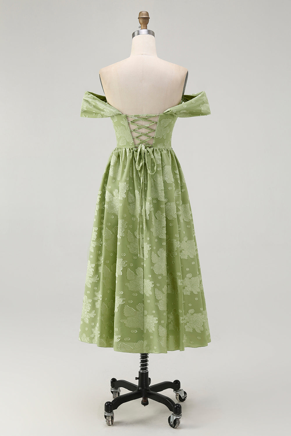 Floral Sage Green Chiffon Off the Shoulder Midi Wedding Guest Dress