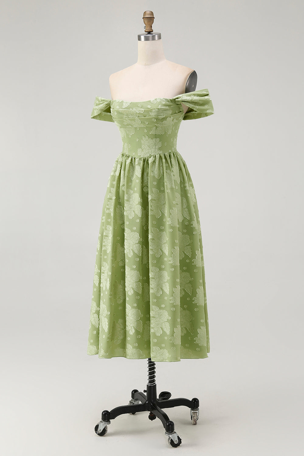 Floral Sage Green Chiffon Off the Shoulder Midi Wedding Guest Dress