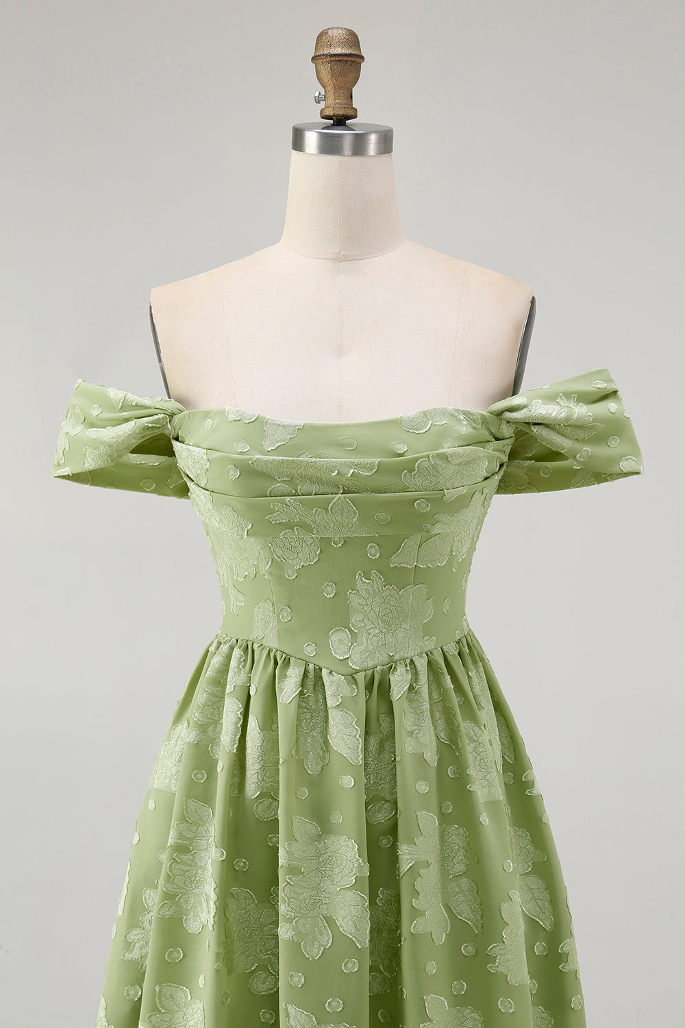 Floral Sage Green Chiffon Off the Shoulder Midi Wedding Guest Dress