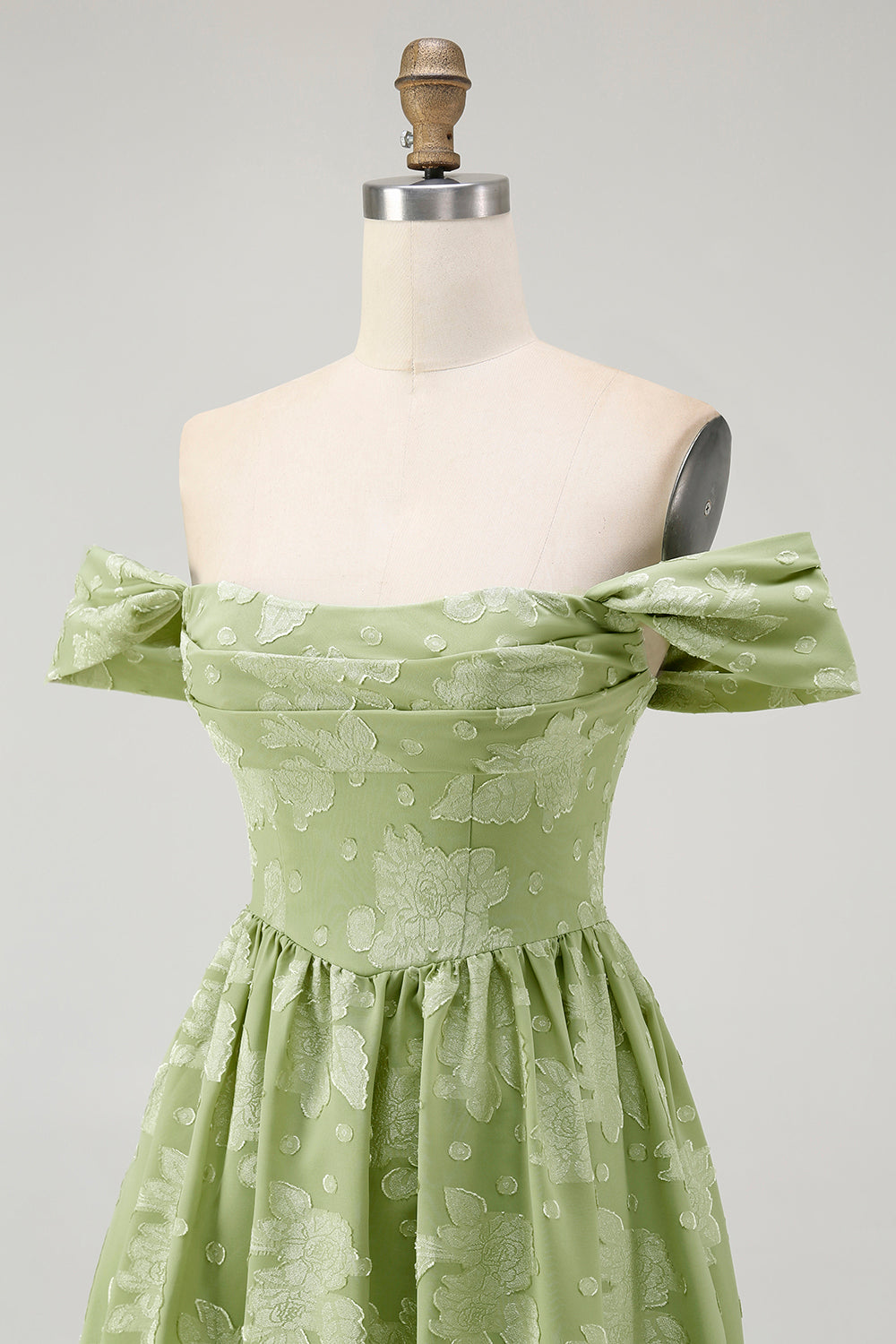 Floral Sage Green Chiffon Off the Shoulder Midi Wedding Guest Dress